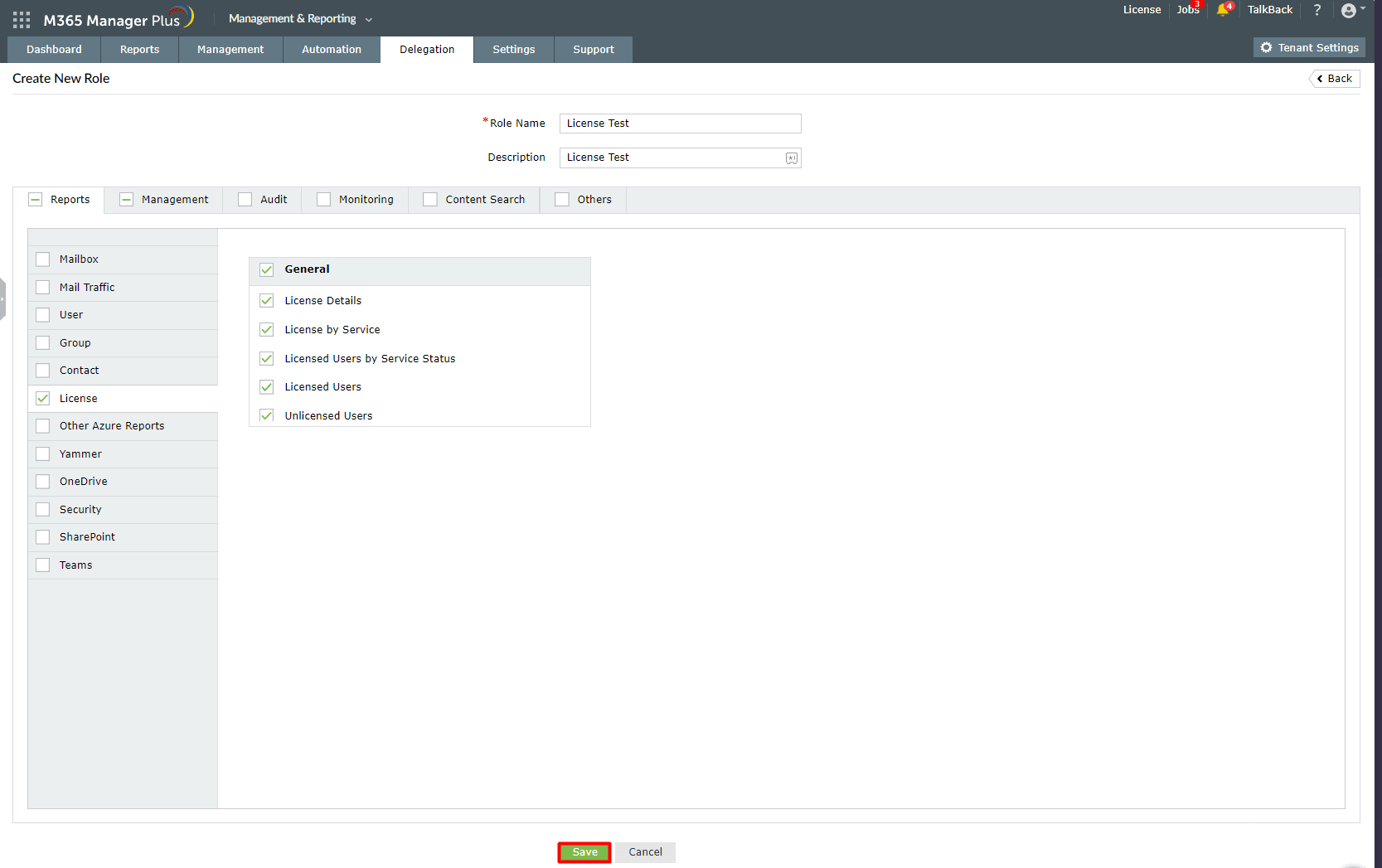 The Create New Role page in M365 Manager Plus showing the options to customize access to reports and tasks for a newly created role.