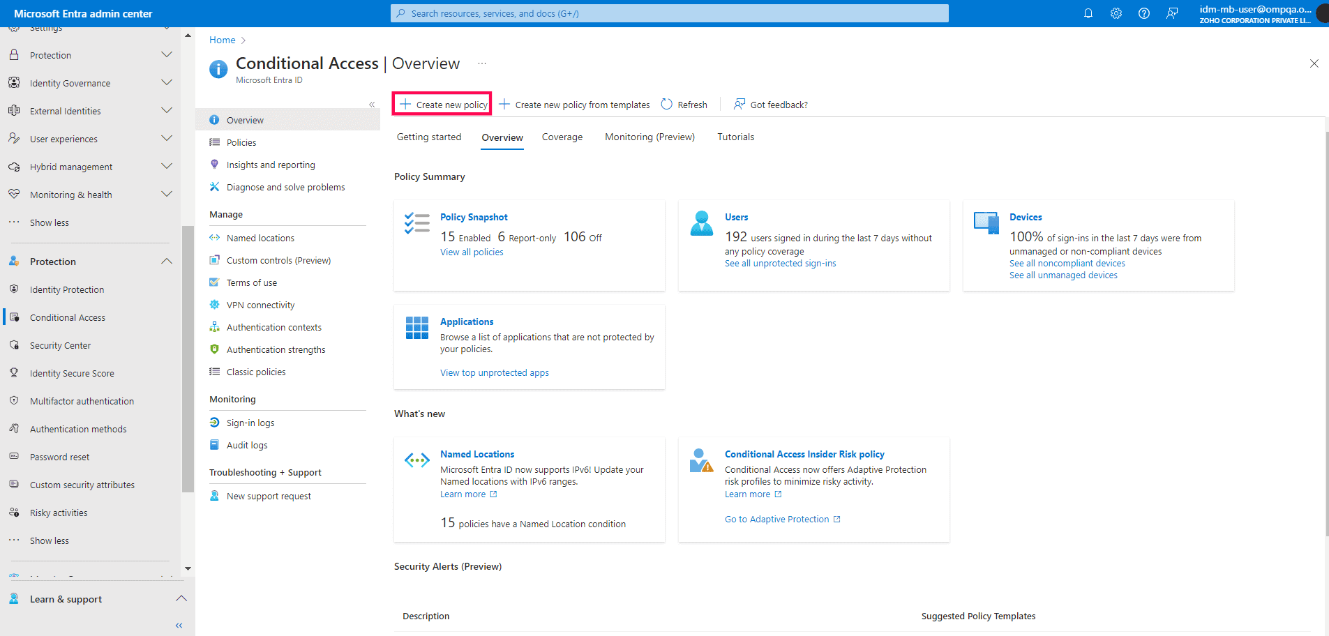 Microsoft Entra admin center displaying the Conditional Access overview page with policy management and user access insights.