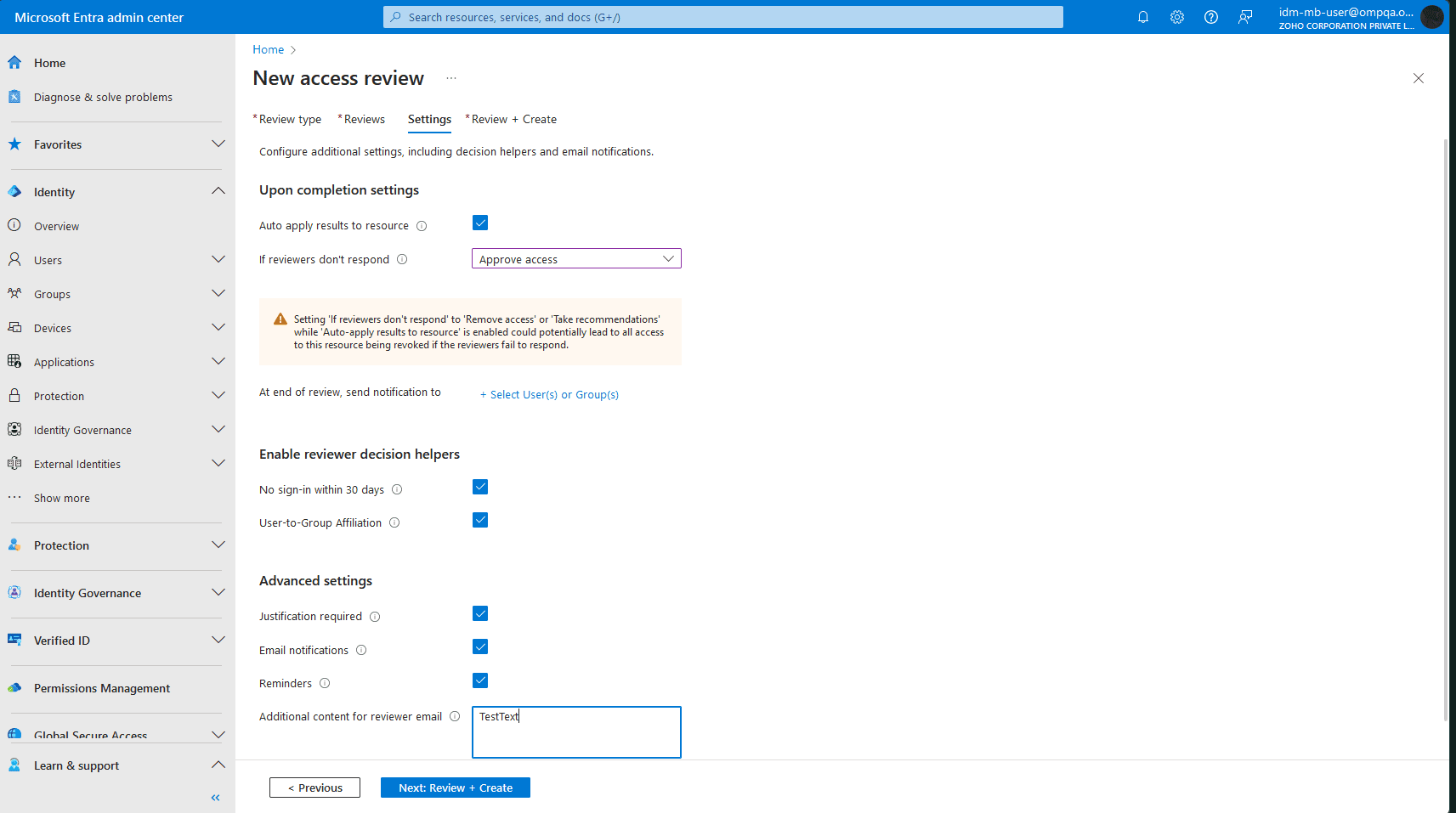 The Microsoft Entra ID Admin Center with the settings for completing an access review, including auto-apply results, reviewer decision helpers, justification requirements, email notifications, reminders, and additional content for reviewer emails.