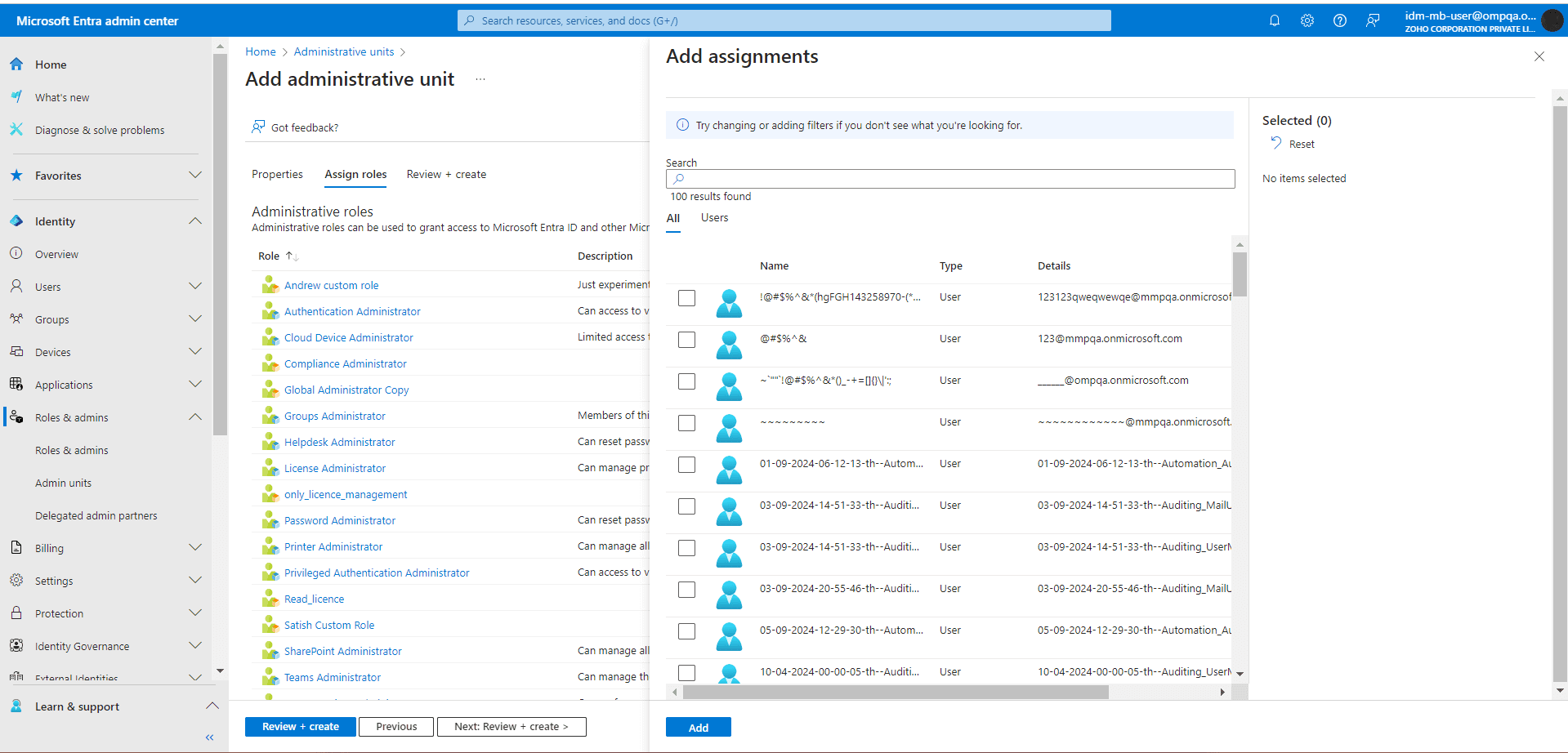 The Add assignemnts page where users can be selected to be assigned an administrative role in the AU.