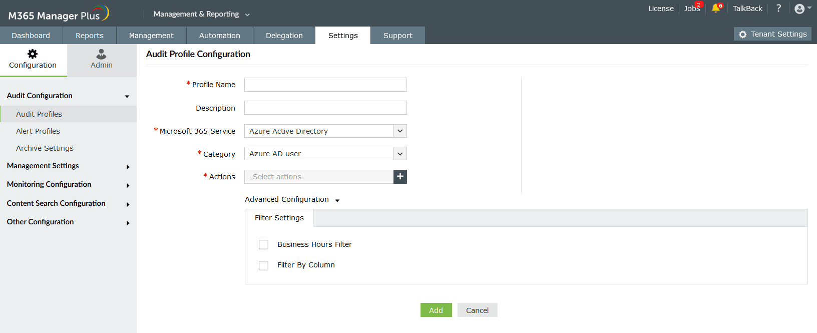 The Audit Profile and Alert Profile configuration pages of M365 Manager Plus.