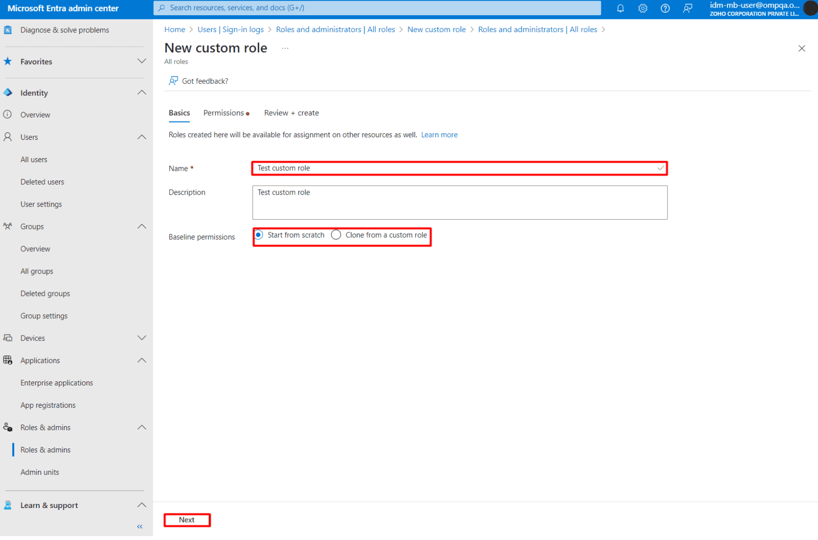 The New Custom Role page showing fields for role name, description, and baseline permissions options