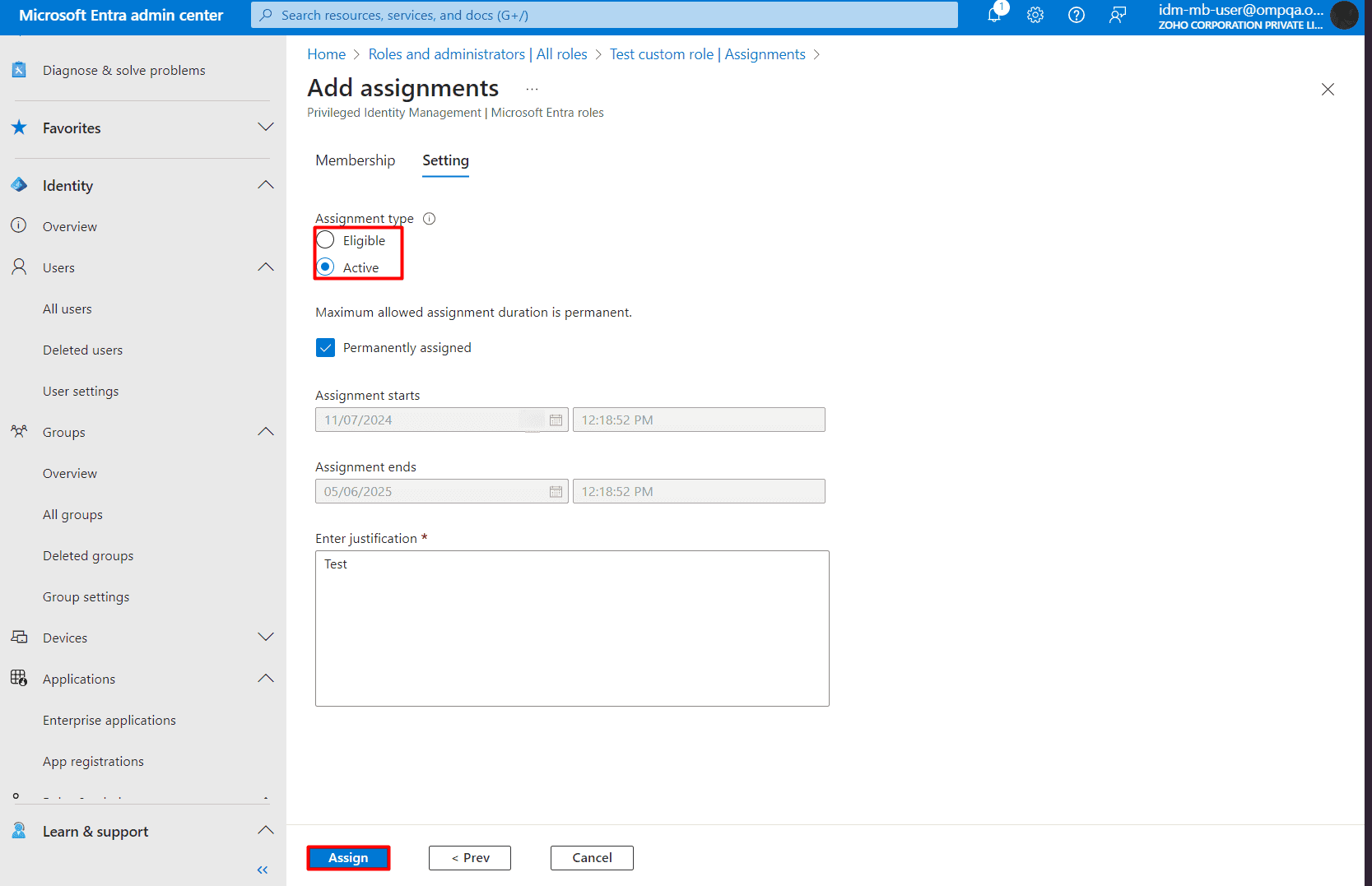 The Add Assignments page showing settings for role assignment duration, including options for assignment type (Eligible or Active), permanent assignment, start and end dates, and justification field.