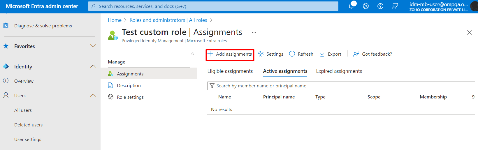 The Assignments page with the Add Assignments option to assign the custom role to users.