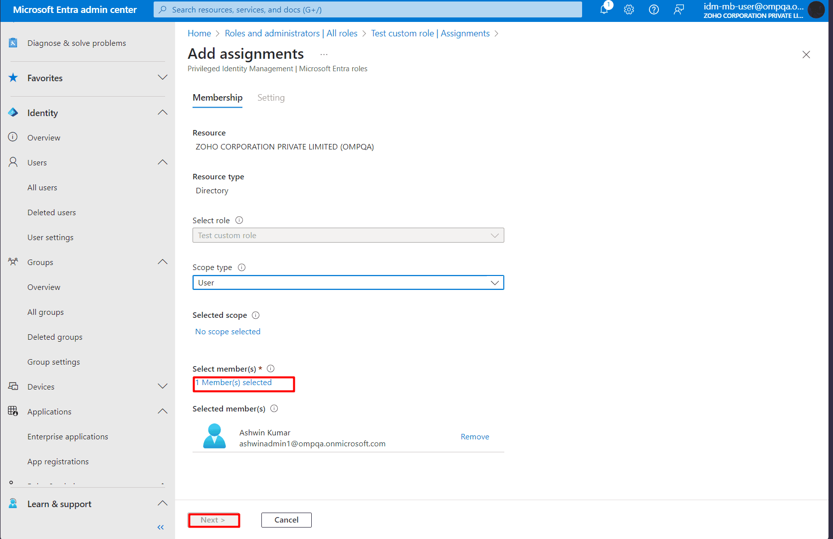 The Add Assignments page with the option to select the users you want to assign the role to.