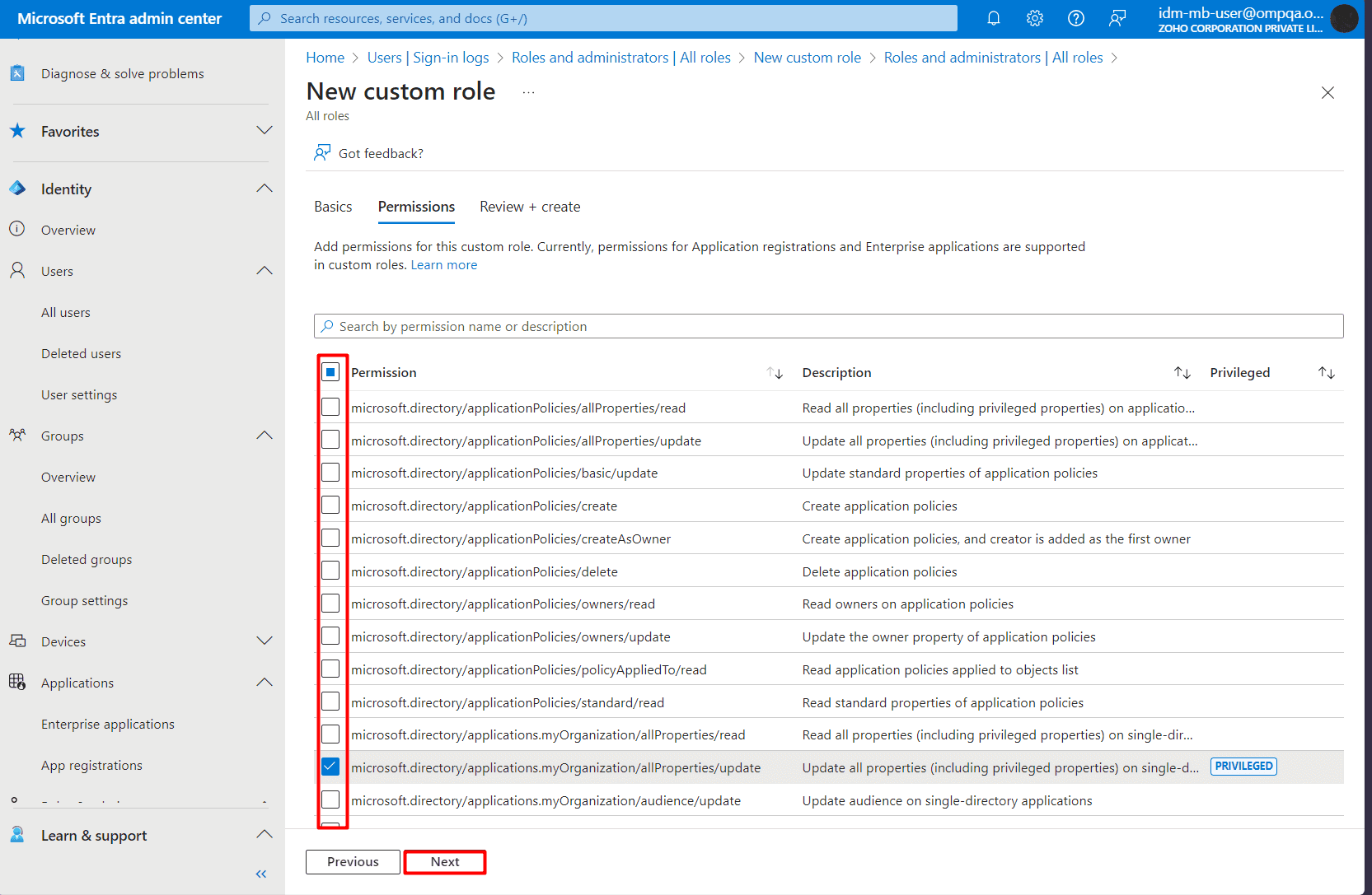 The New Custom Role page with the options for selecting permissions in a new custom role, showing various permissions related to application policies with checkboxes for selection.