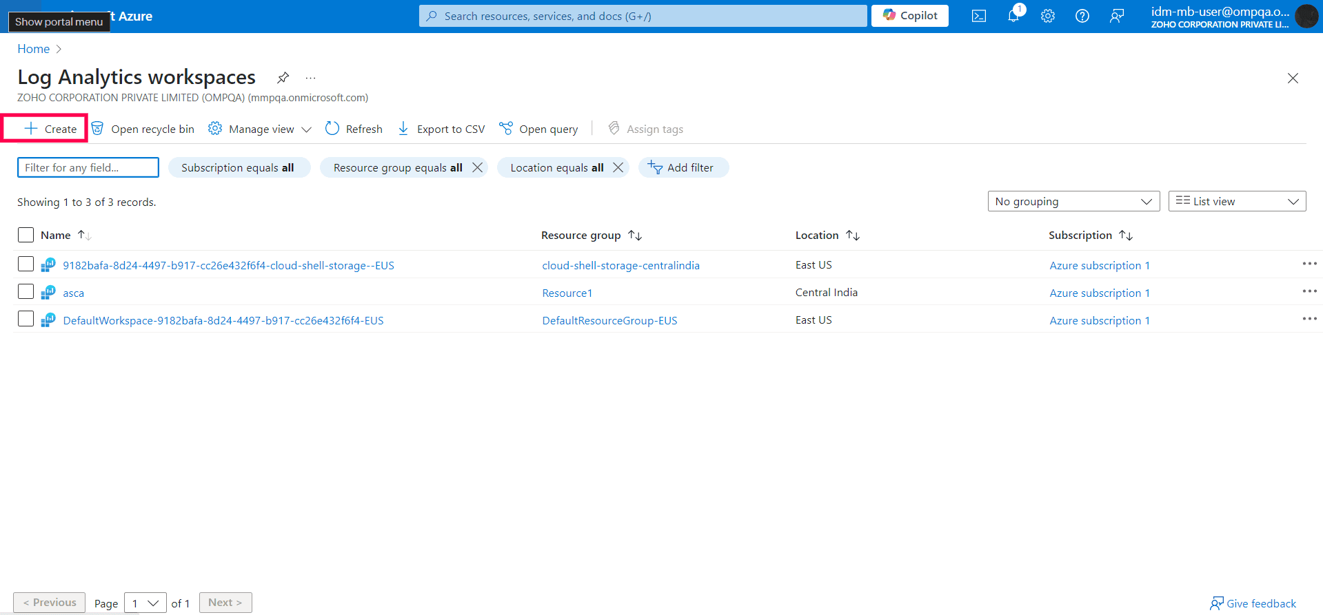 Microsoft Log Analytics workspaces page with the Create option in the top-left of the ribbon marked.