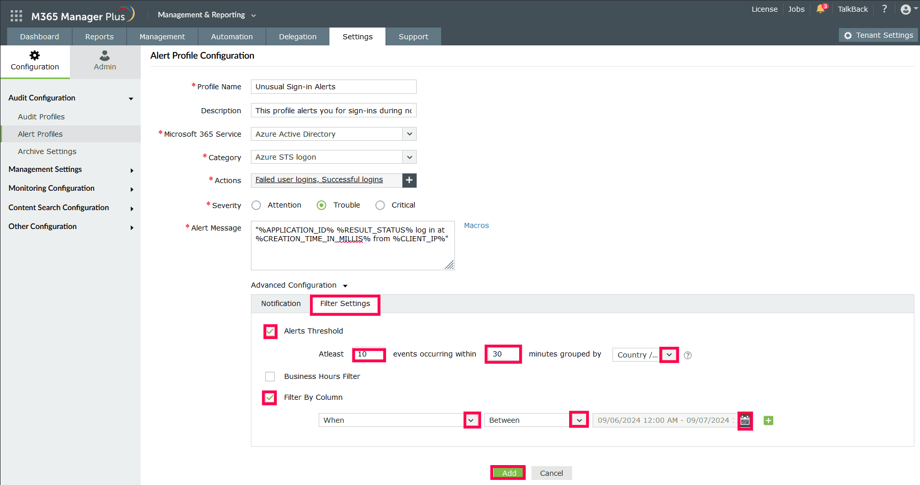 The Alert Profile Configuration page showing the filters to audit unusual sign-ins in Microsoft Entra ID