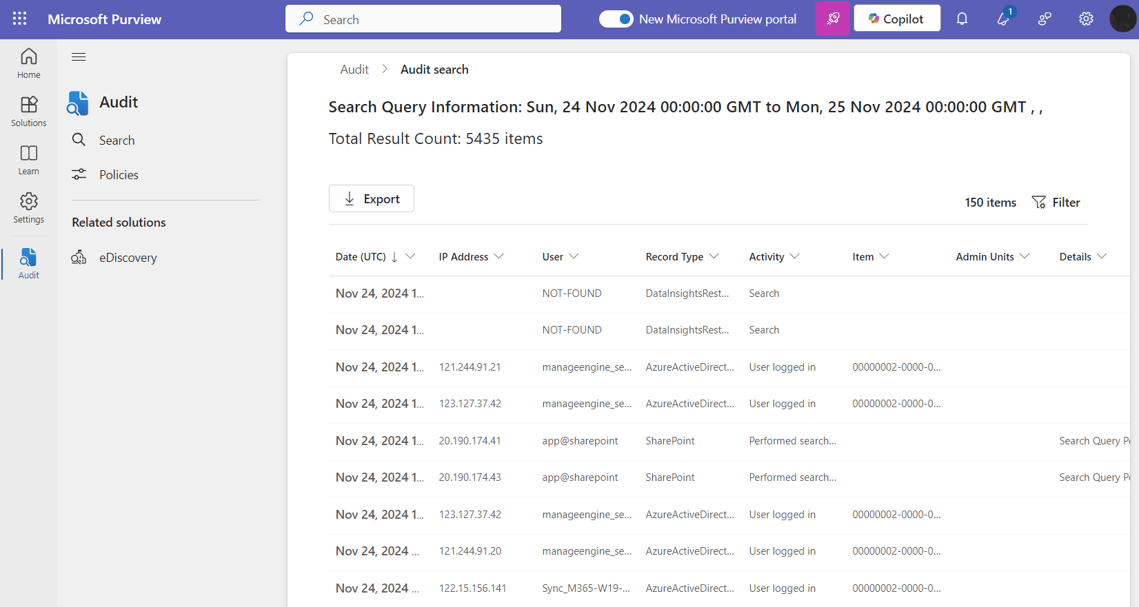 The Audit Search Query Information report with a table showing details of audit activities like date, IP address, user, and other details