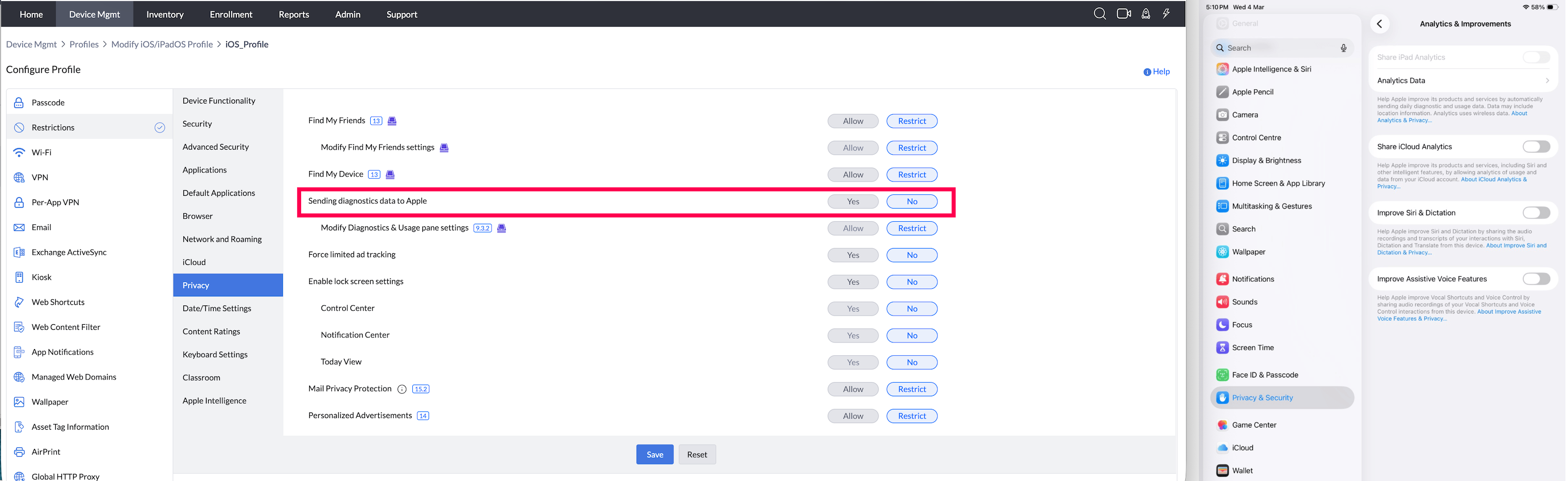 Send diagnostics data to Apple