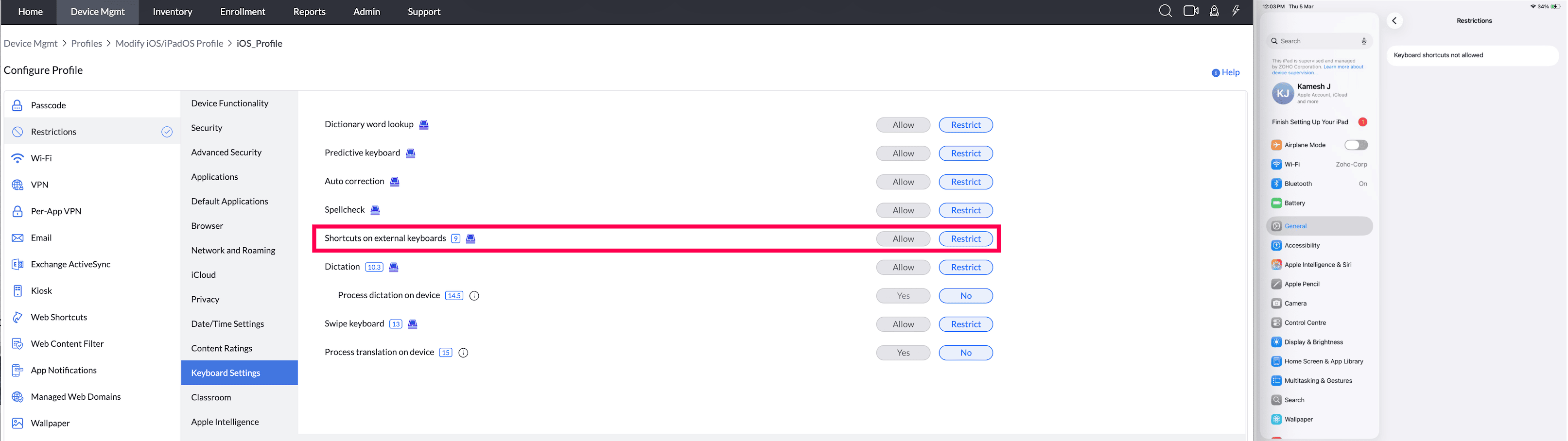 Shortcuts on external keyboards