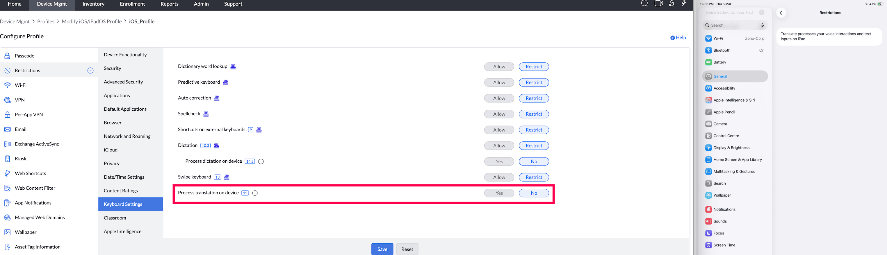 Process translation on device: