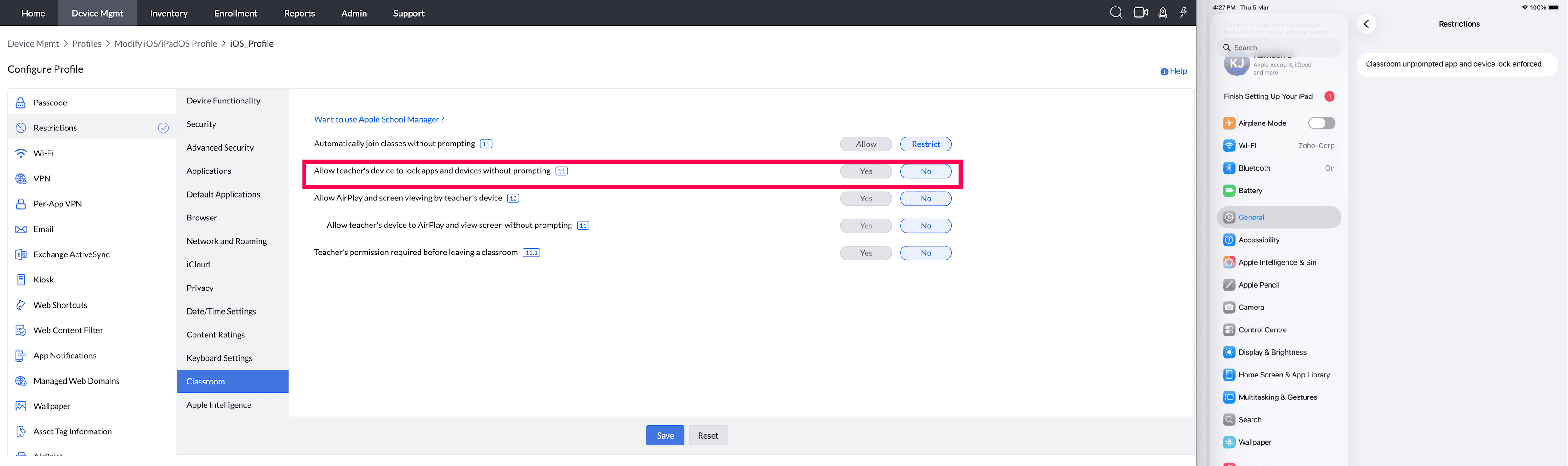 Allow teacher's device to lock apps and devices without prompting