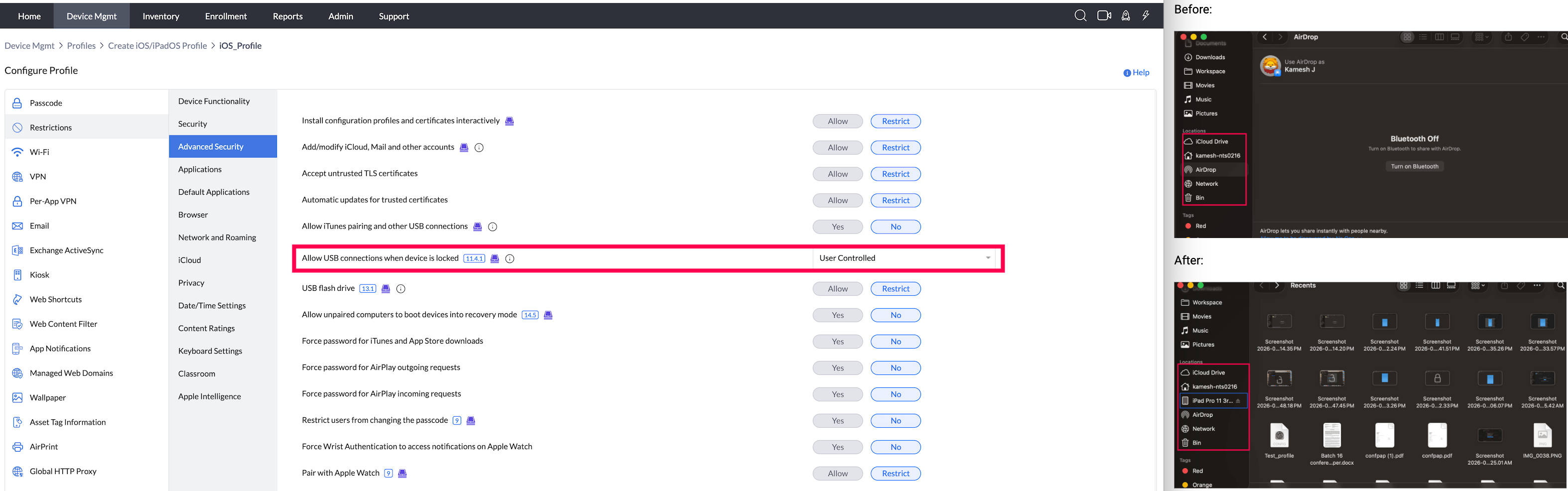 Allow USB connections when device is locked