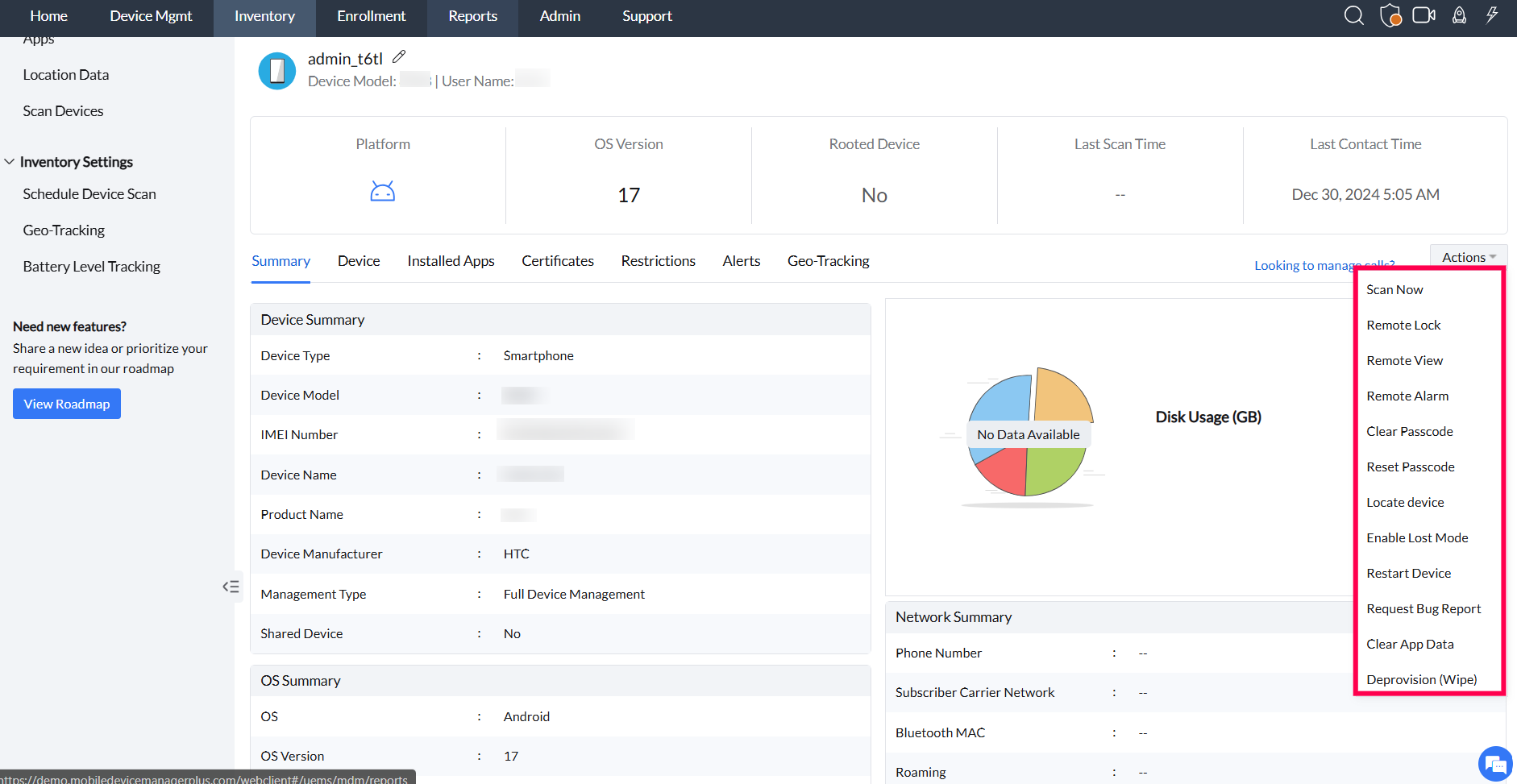 Device management actions menu in MDM showing options like Remote Lock and Wipe.