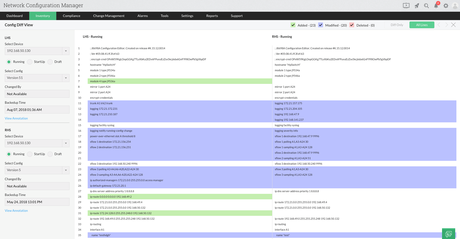 Dashboard de gestión de comparación de archivos de configuración con NCM