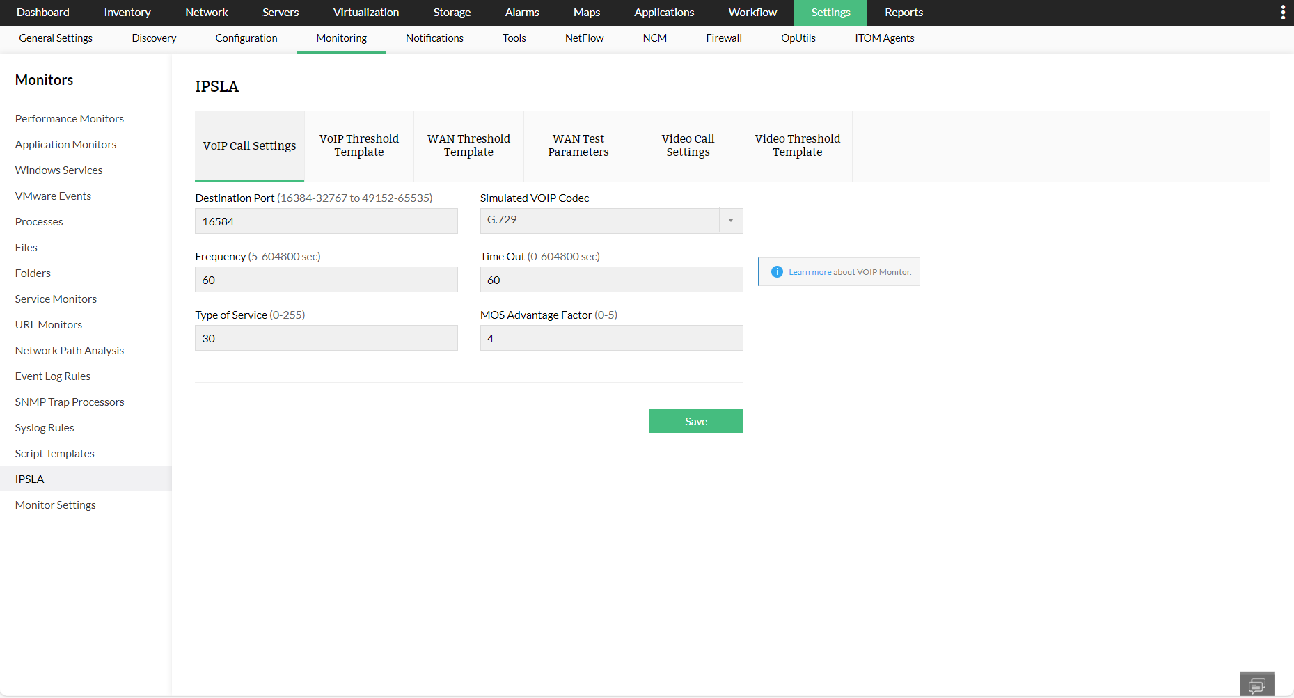 Defining VoIP call settings in OpManager