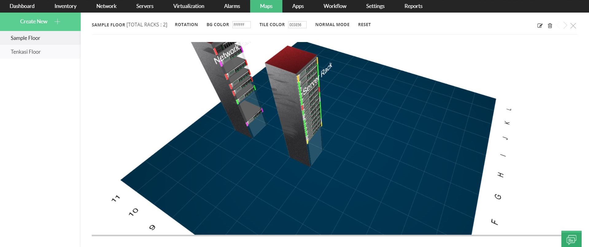 Plantas de centros de datos en 3D - ManageEngine OpManager