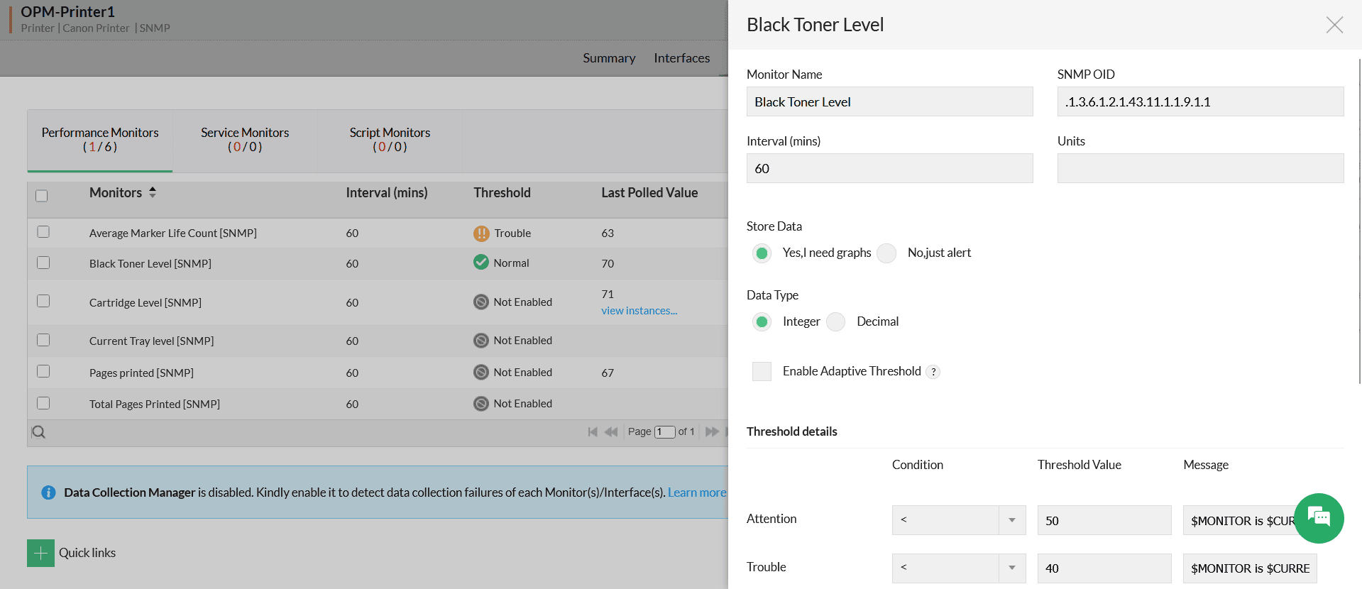 Gain real-time visibility into printer health with threshold-based monitoring