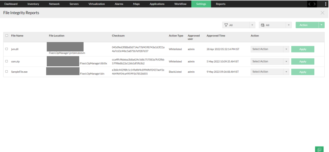 File integrity reports in OpManager