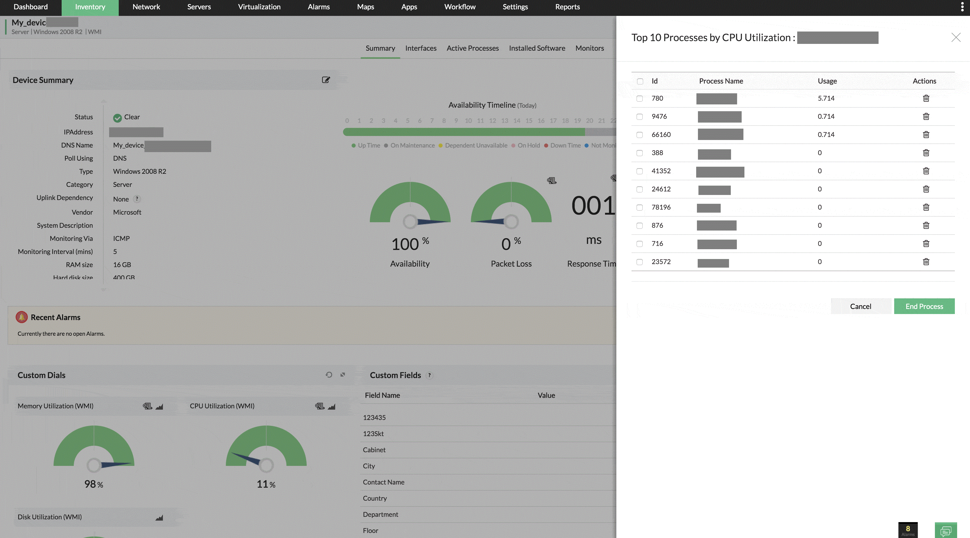 Dashboard do Op-manager com os 10 processos que mais utilizam memória de CPU