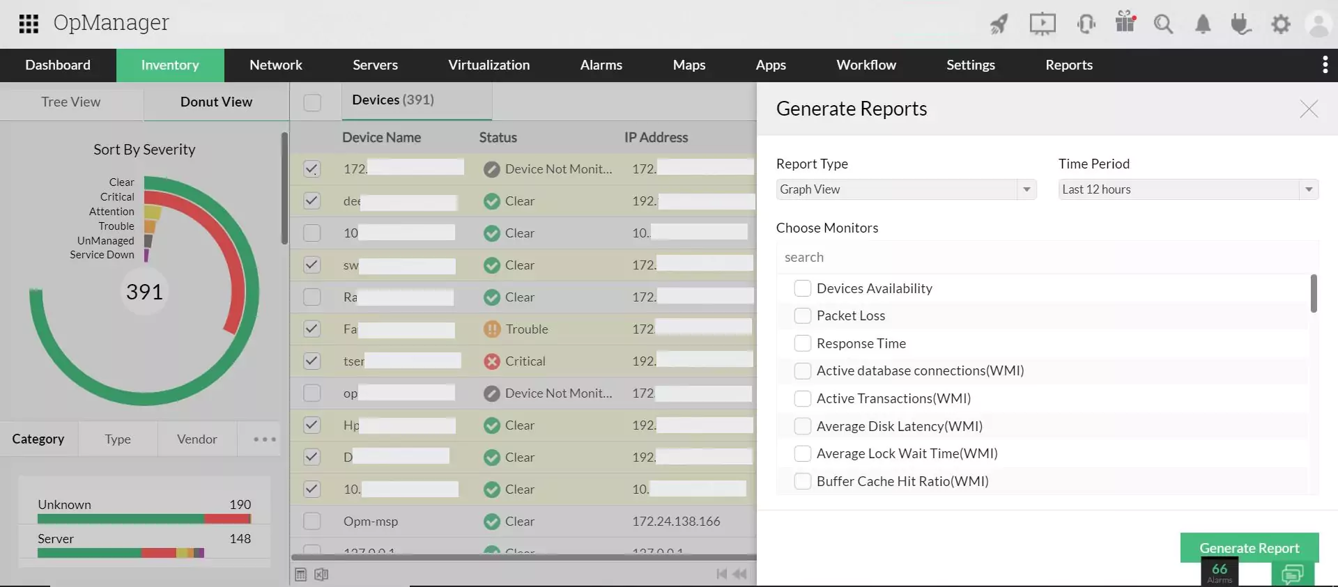 Dashboard do OpManager mostrando a aba de inventário com gráficos do lado esquerdo e ao lado direito relatórios gerados