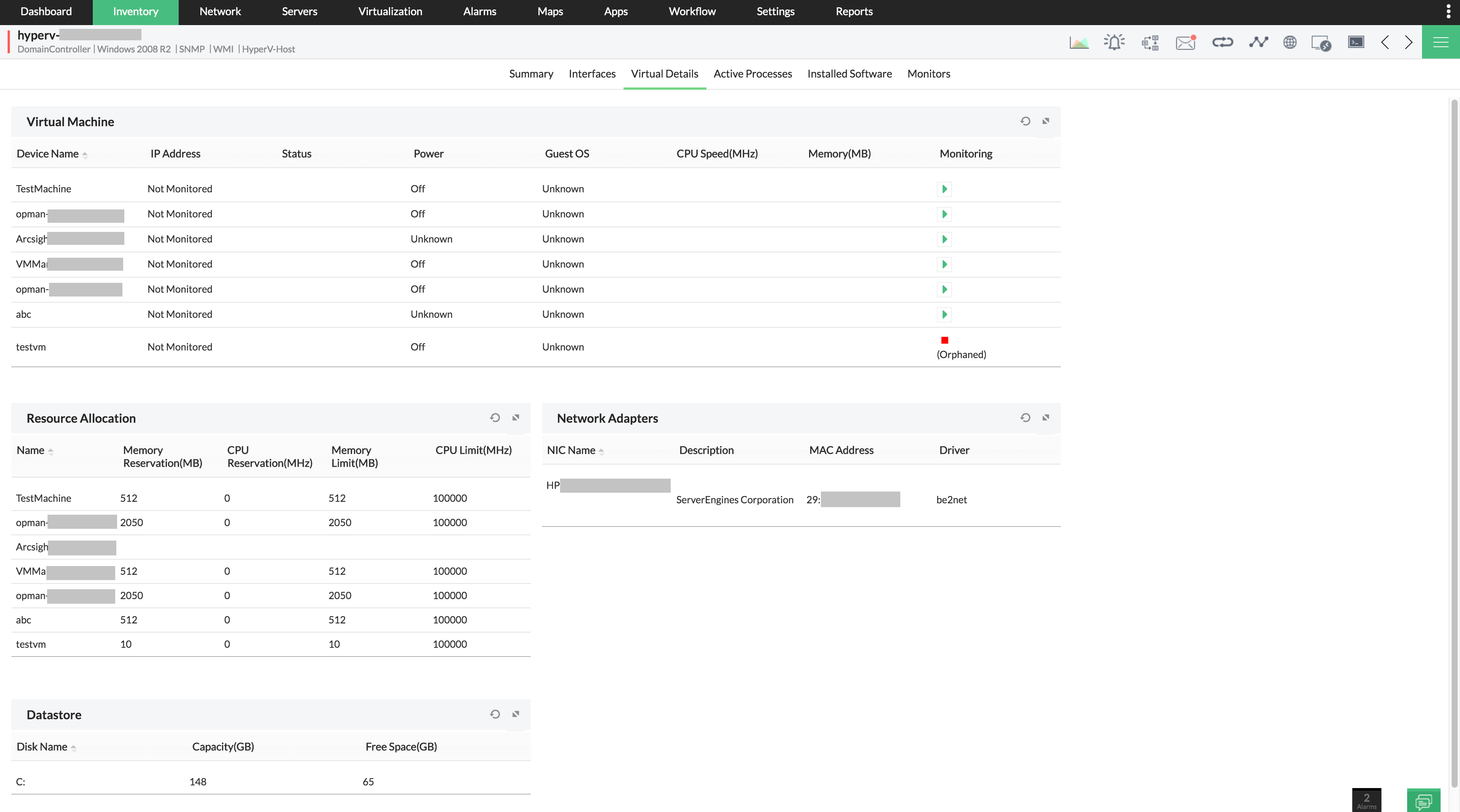 Dashboard do Op-manager mostrando alguns dados de inventário