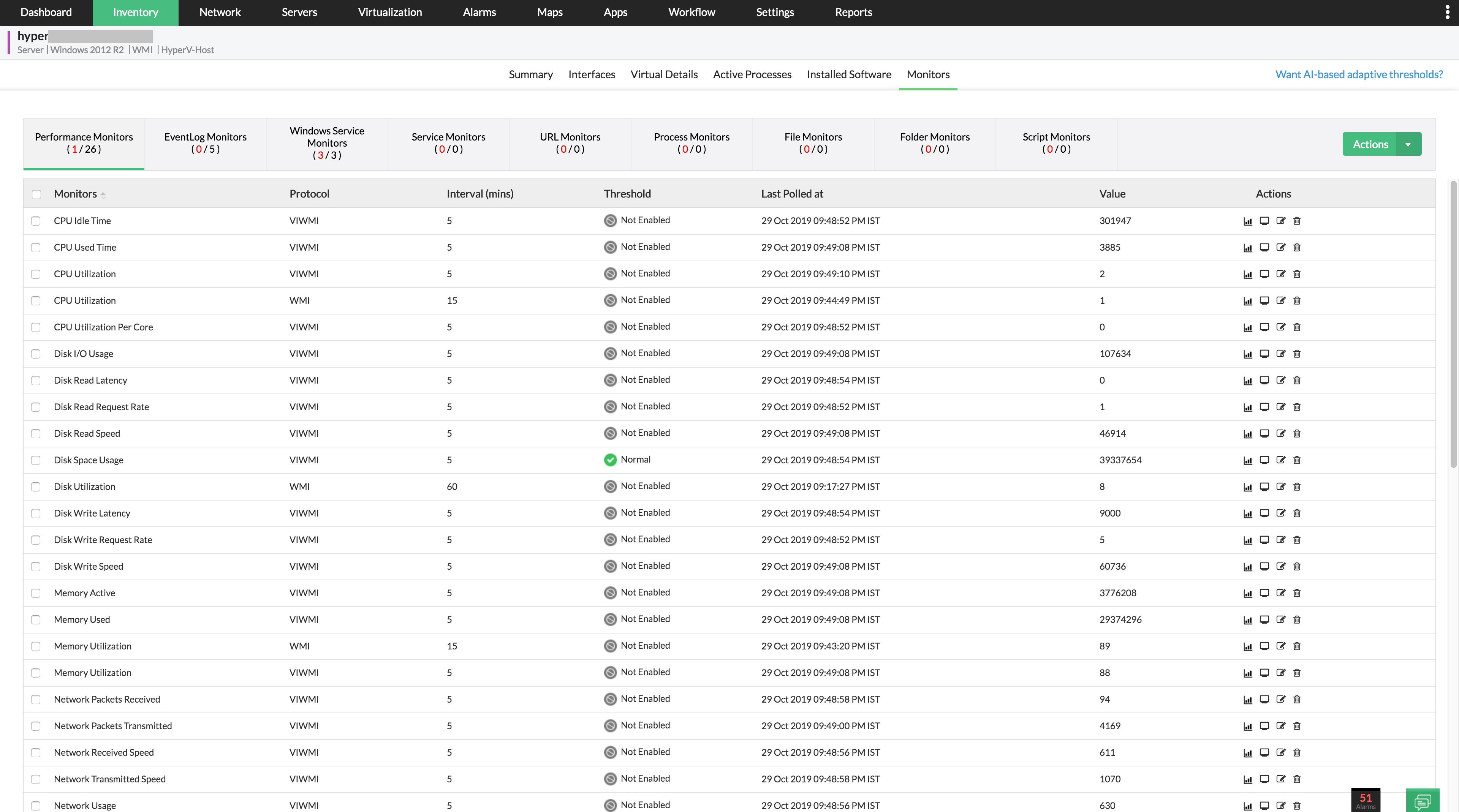 Dashboard do Op-manager mostrando alguns dados de inventário