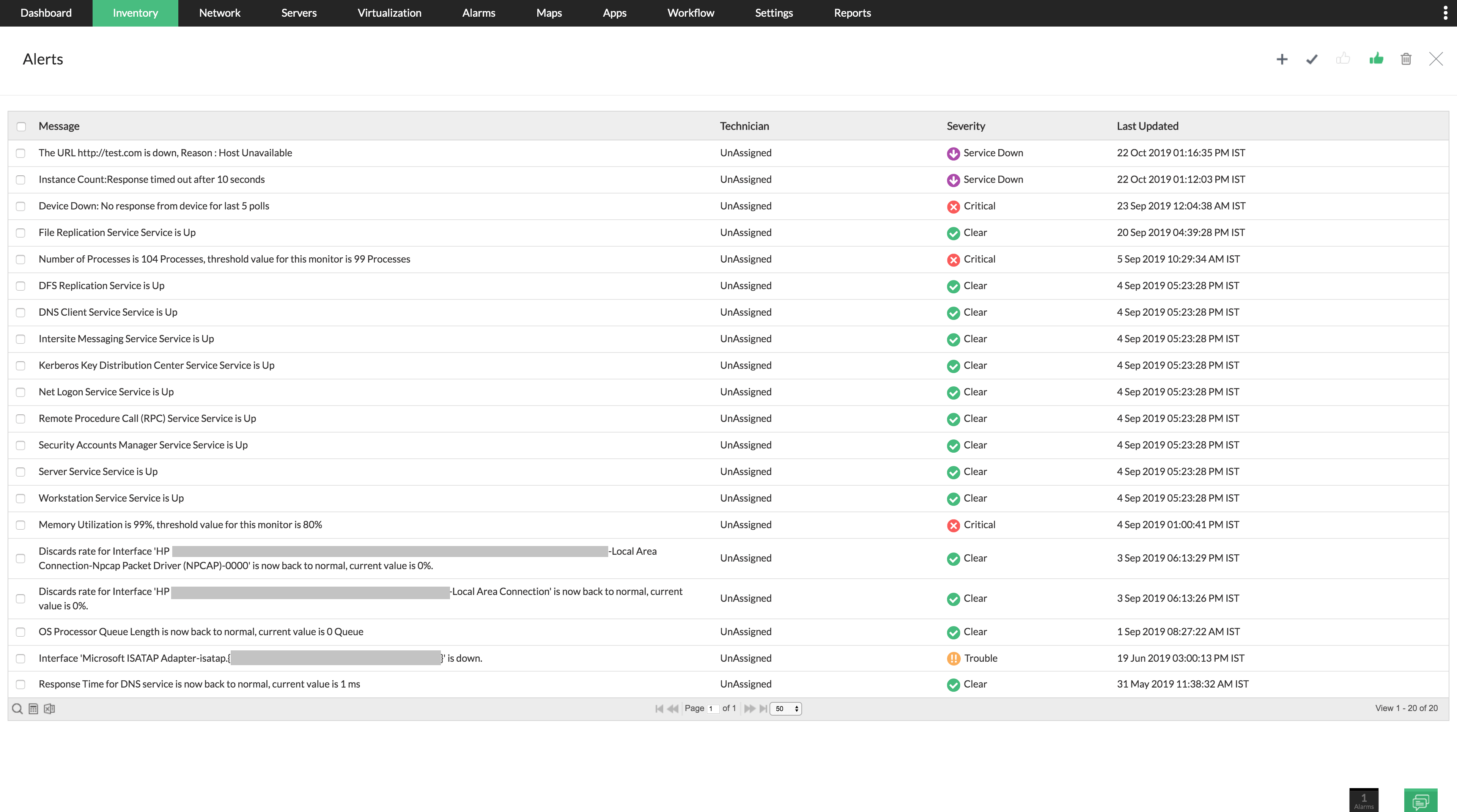 Dashboard do Op-manager mostrando alguns dados de inventário