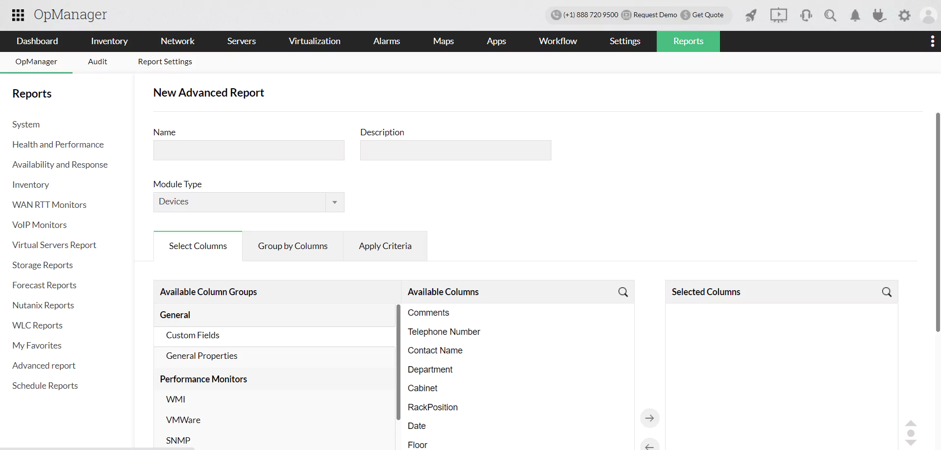 Dashboard do OpManager mostrando a aba de relatórios