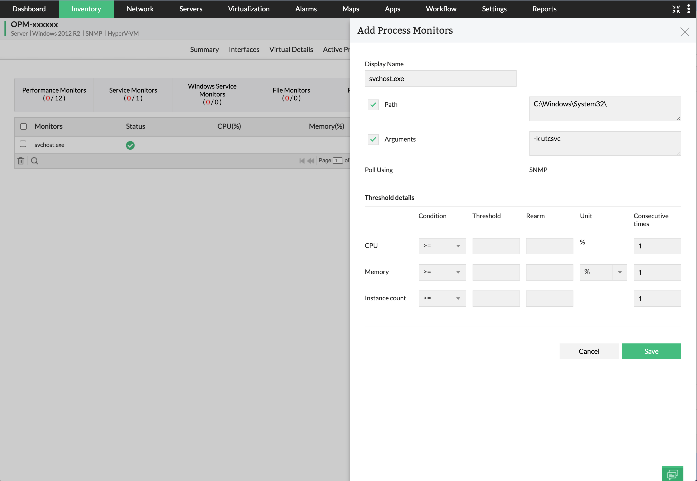 Dashboard do Op-manager mostrando a aba de inventário