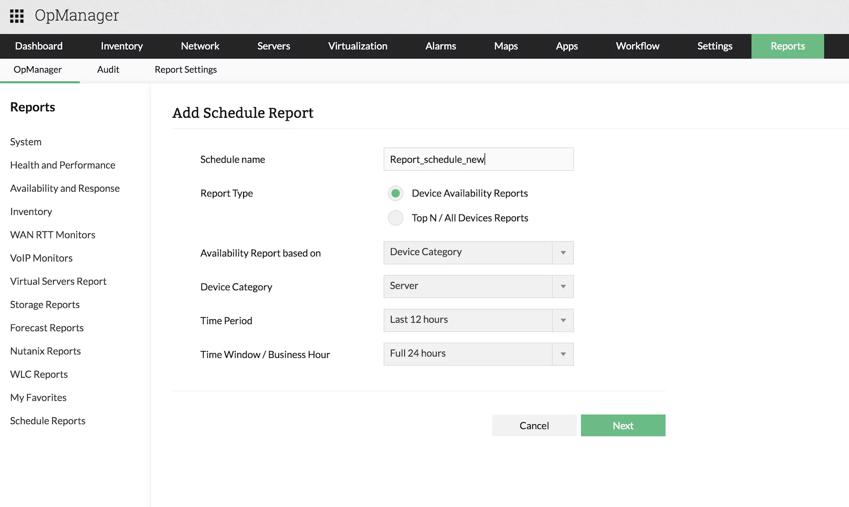 Dashboard do OpManager na aba de relatórios