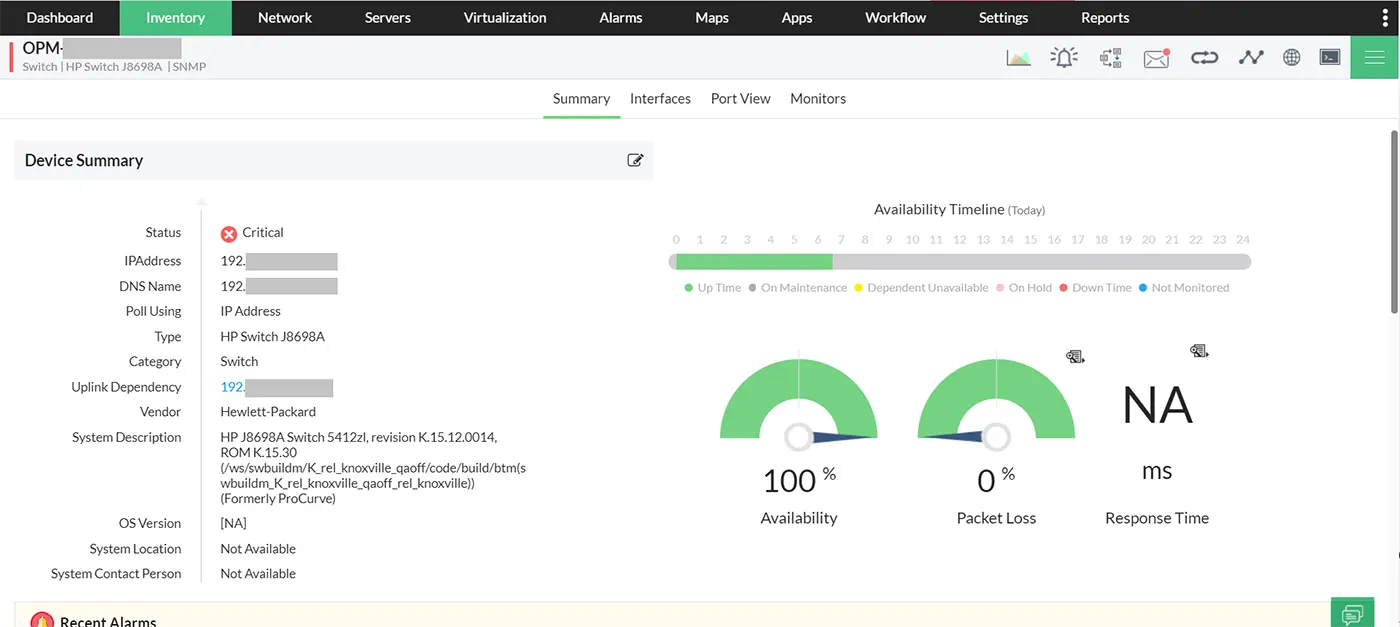 Dashboard do Op-manager contendo gráficos e dados de inventário