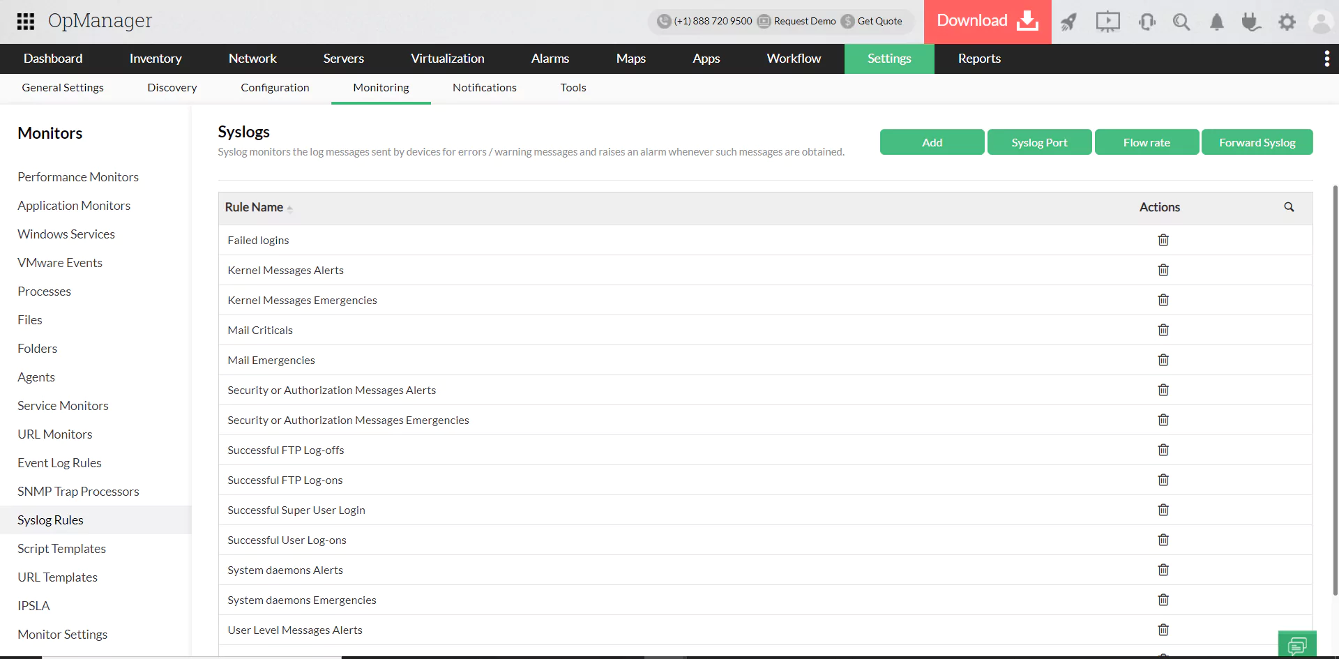 Painel de configurações de syslog do OpManager