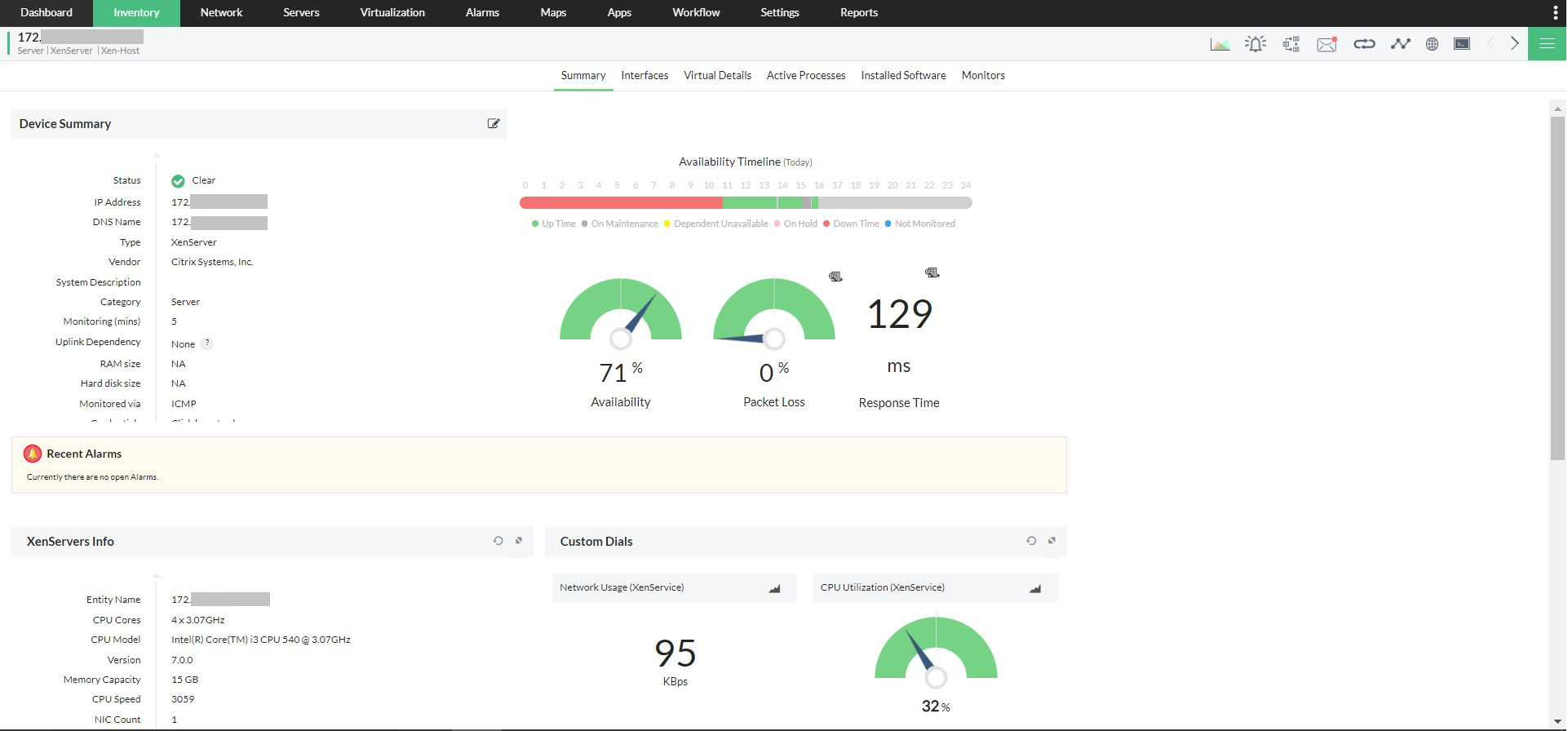 Painel do OpManager com gráficos de inventário