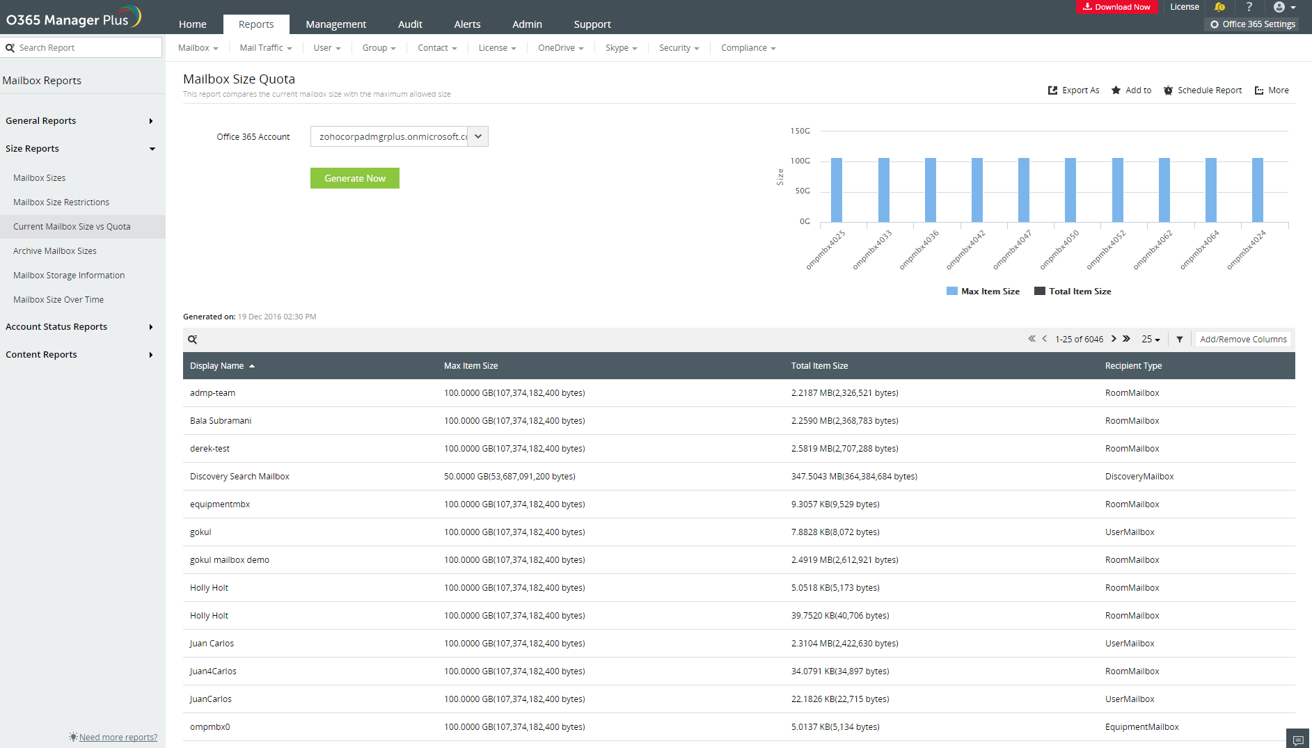 Office 365 Mailbox Size Reports O365 Manager Plus