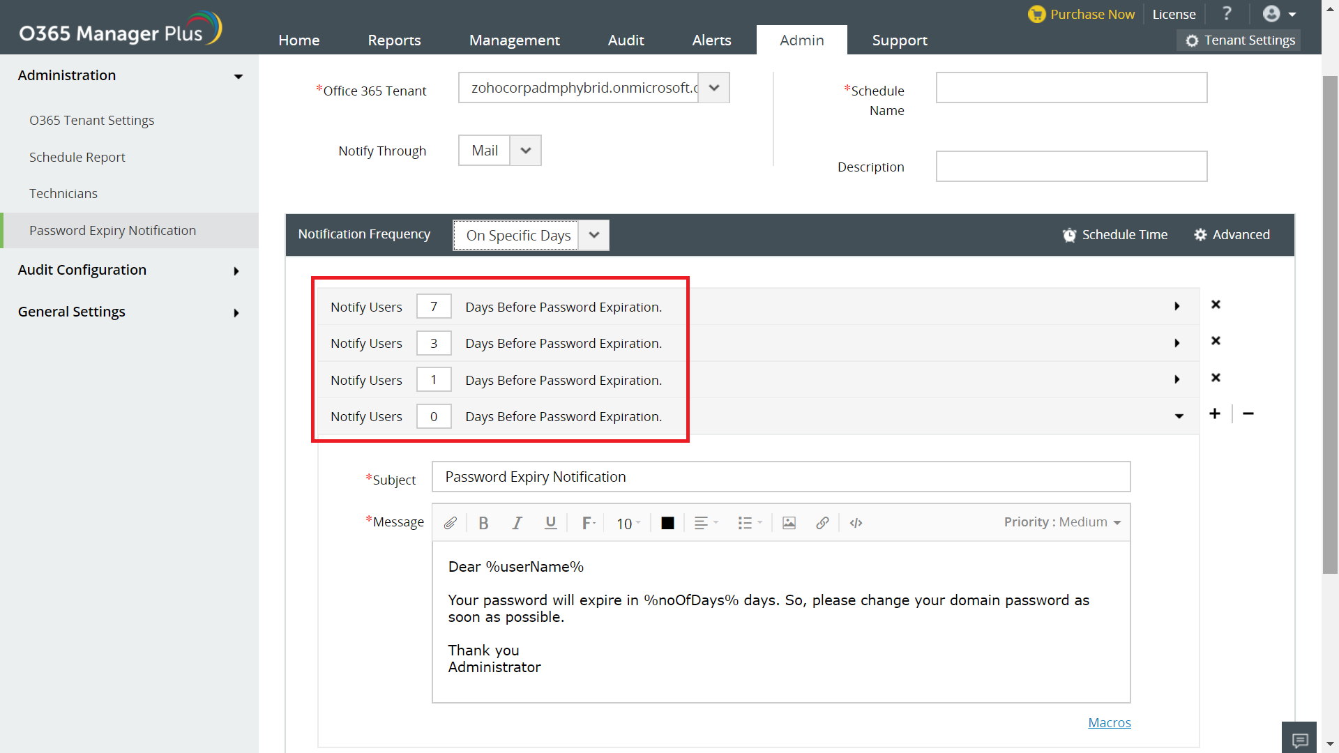 Password Expiration Notification O365 Manager Plus