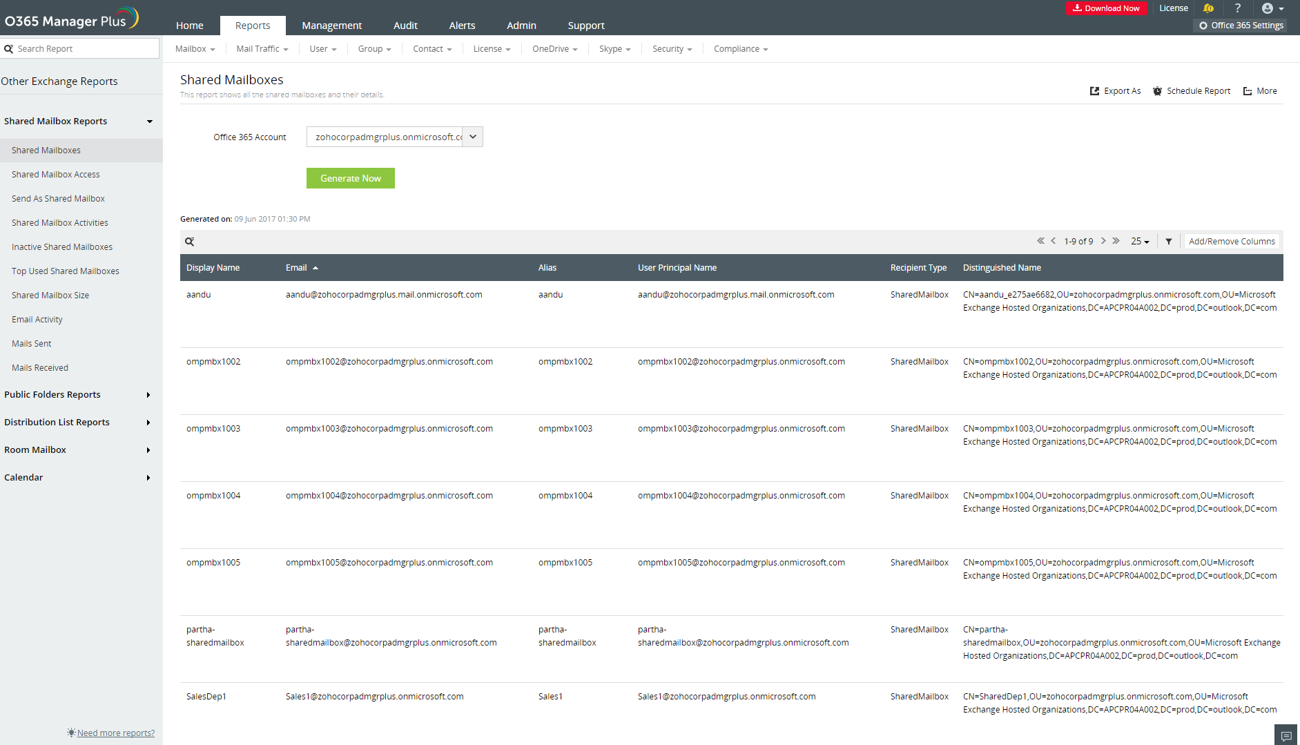 Office 365 Shared Mailbox Report O365 Manager Plus