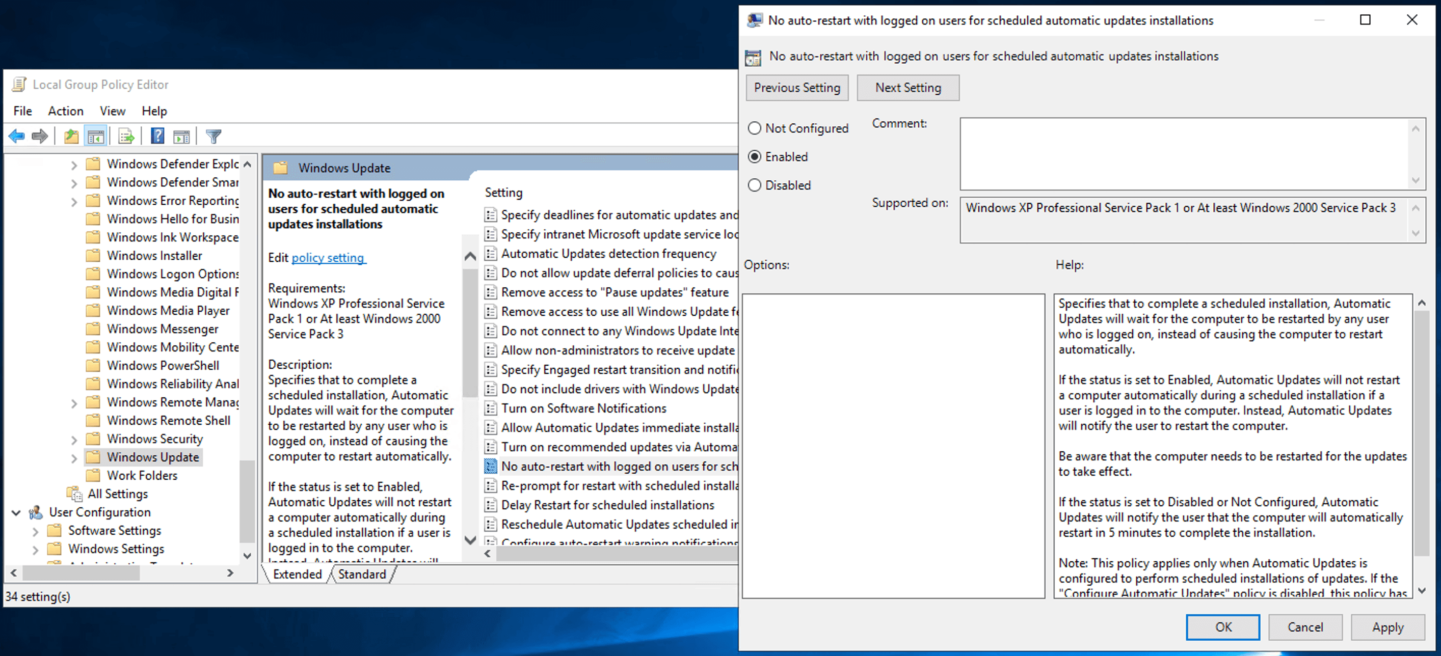 No auto-restart with logged on users for scheduled automatic updates installations policy