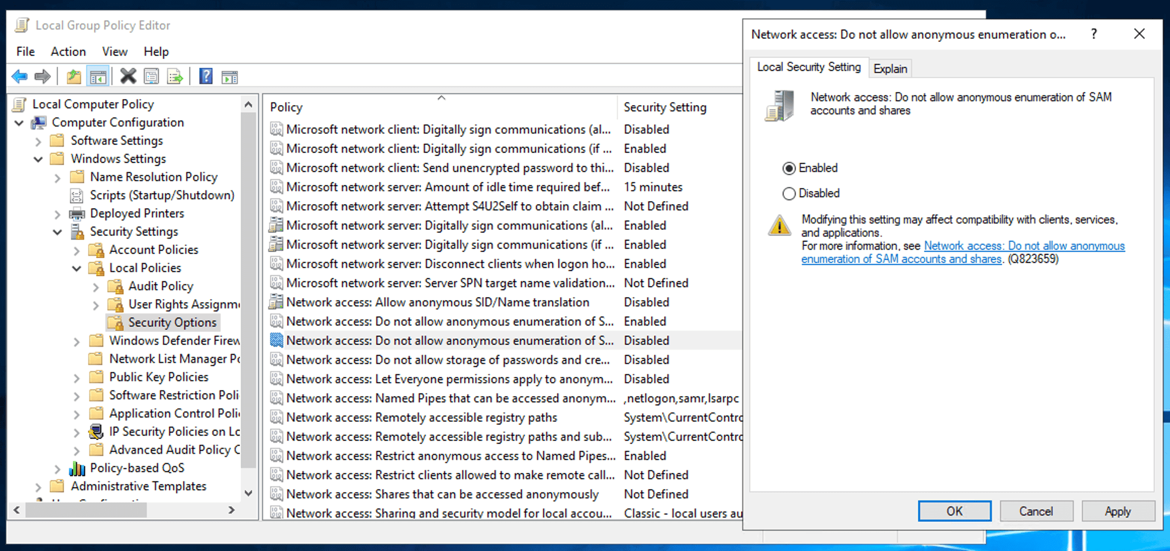 Network Access: Do not allow anonymous enumeration of SAM accounts and shares policy
