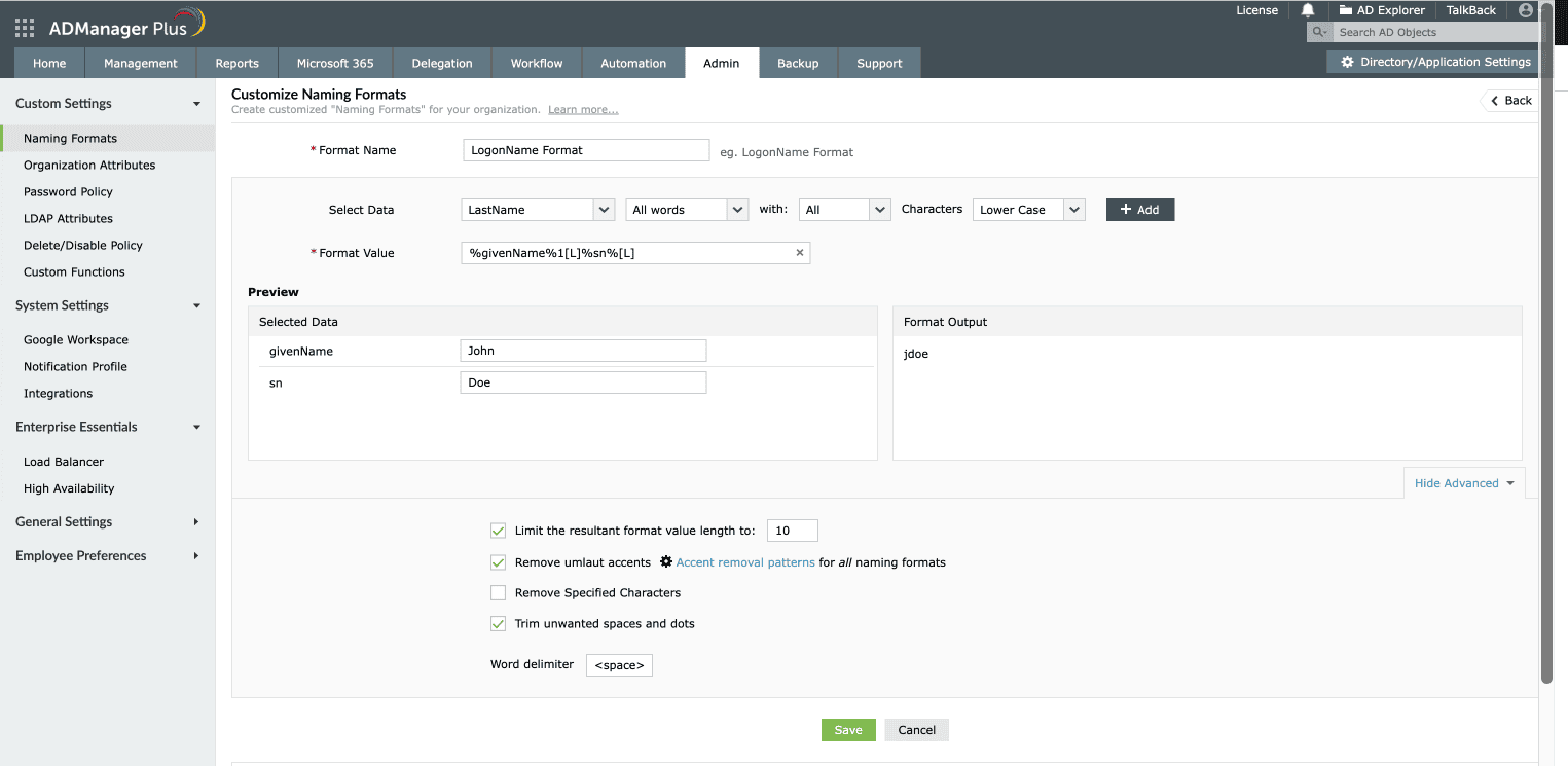 Customizing naming formats in ADManager Plus.