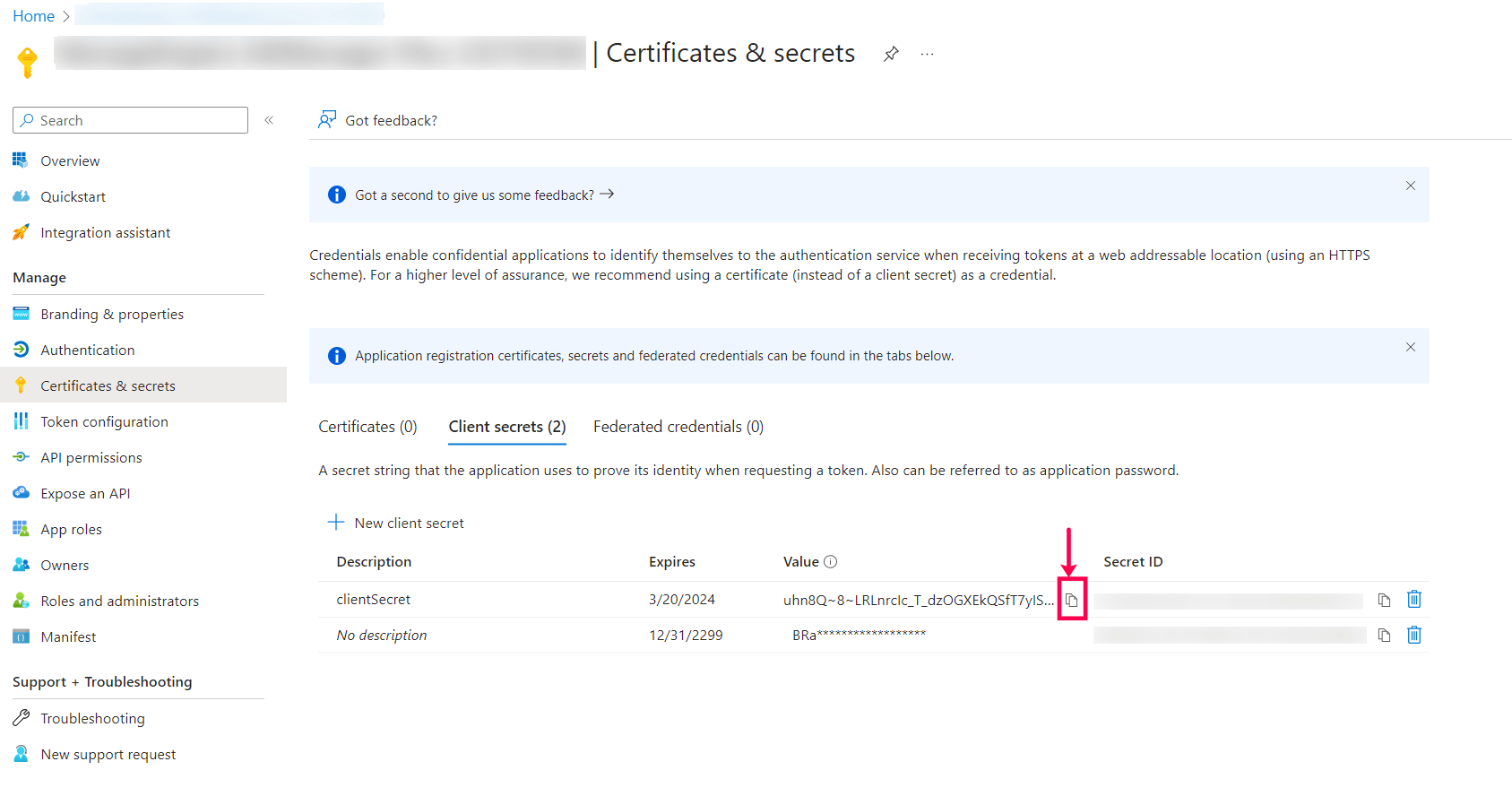 Client Secret missing in Azure Active Directory