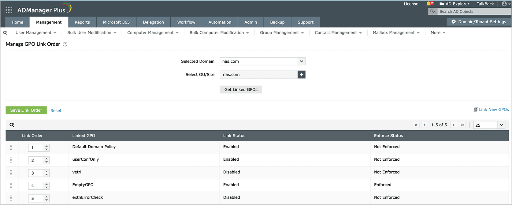 The Manage GPO Link Order in ADManager Plus