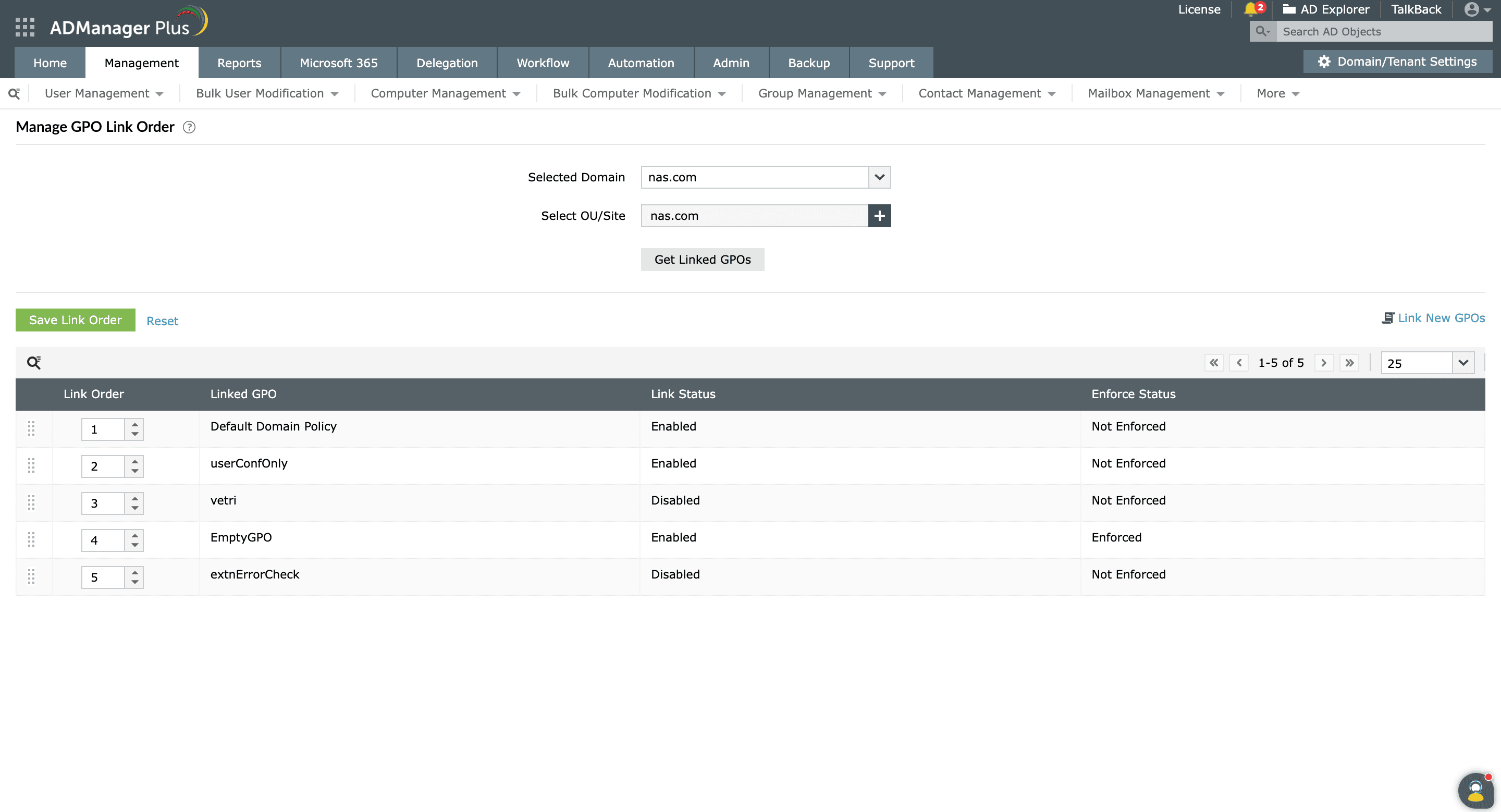 An example of how the GPO link order can be easily managed in ADManager Plus
