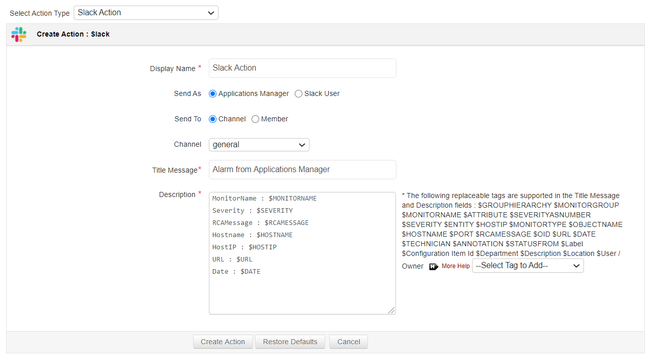 Slack Message Action in Applications Manager