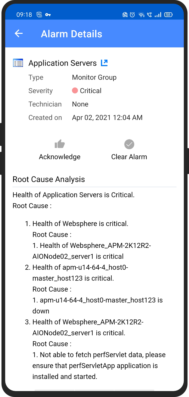 Detalles de alarmas de APM para Android - Applications Manager