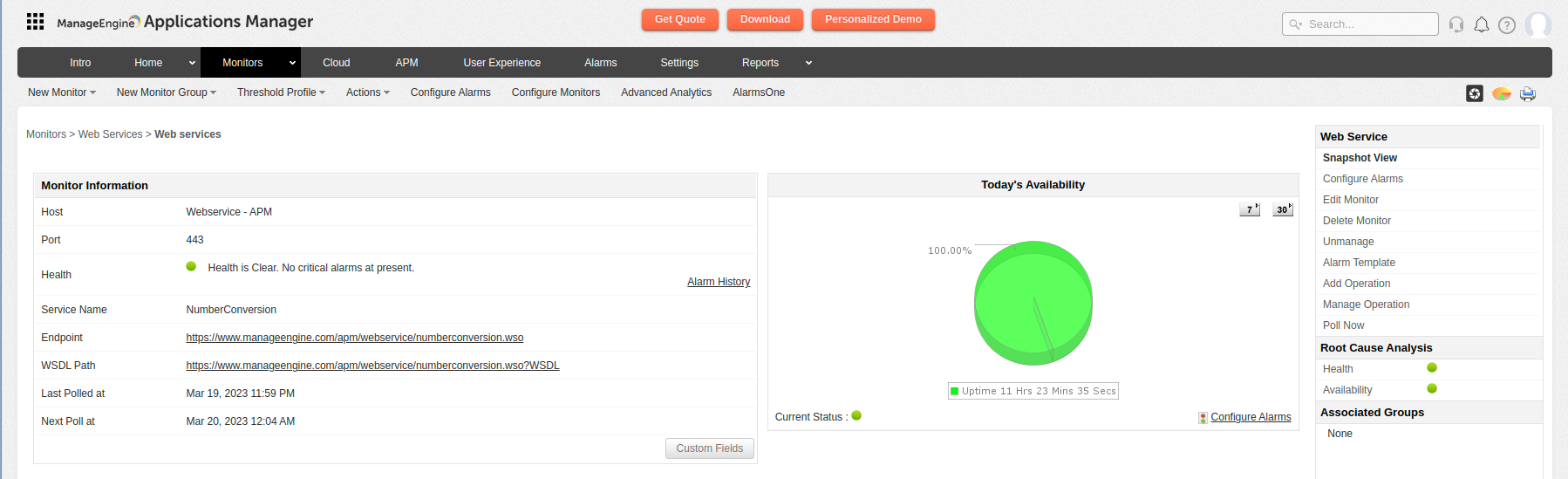 Dashboard de monitoreo de información para servicios web - Applications Manager
