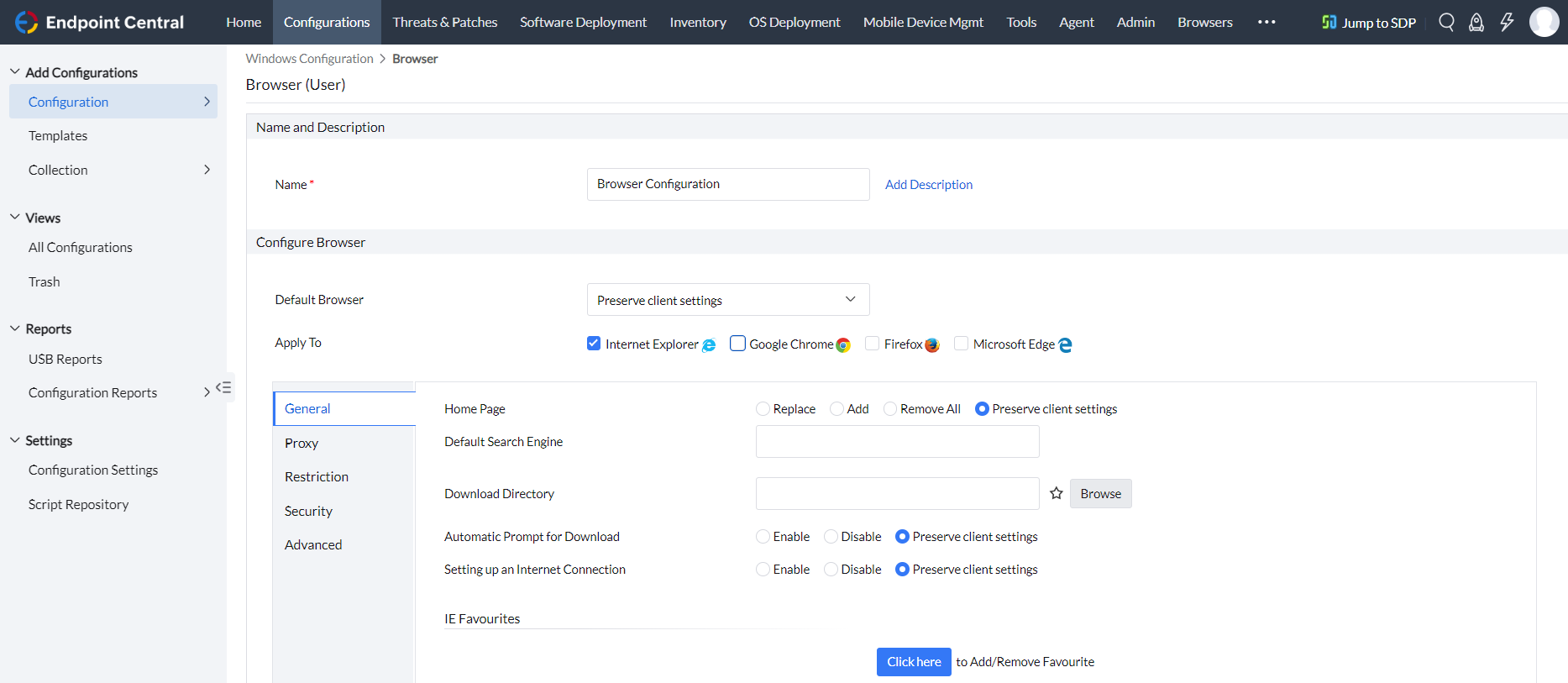 Browser configuration. Browser by default.