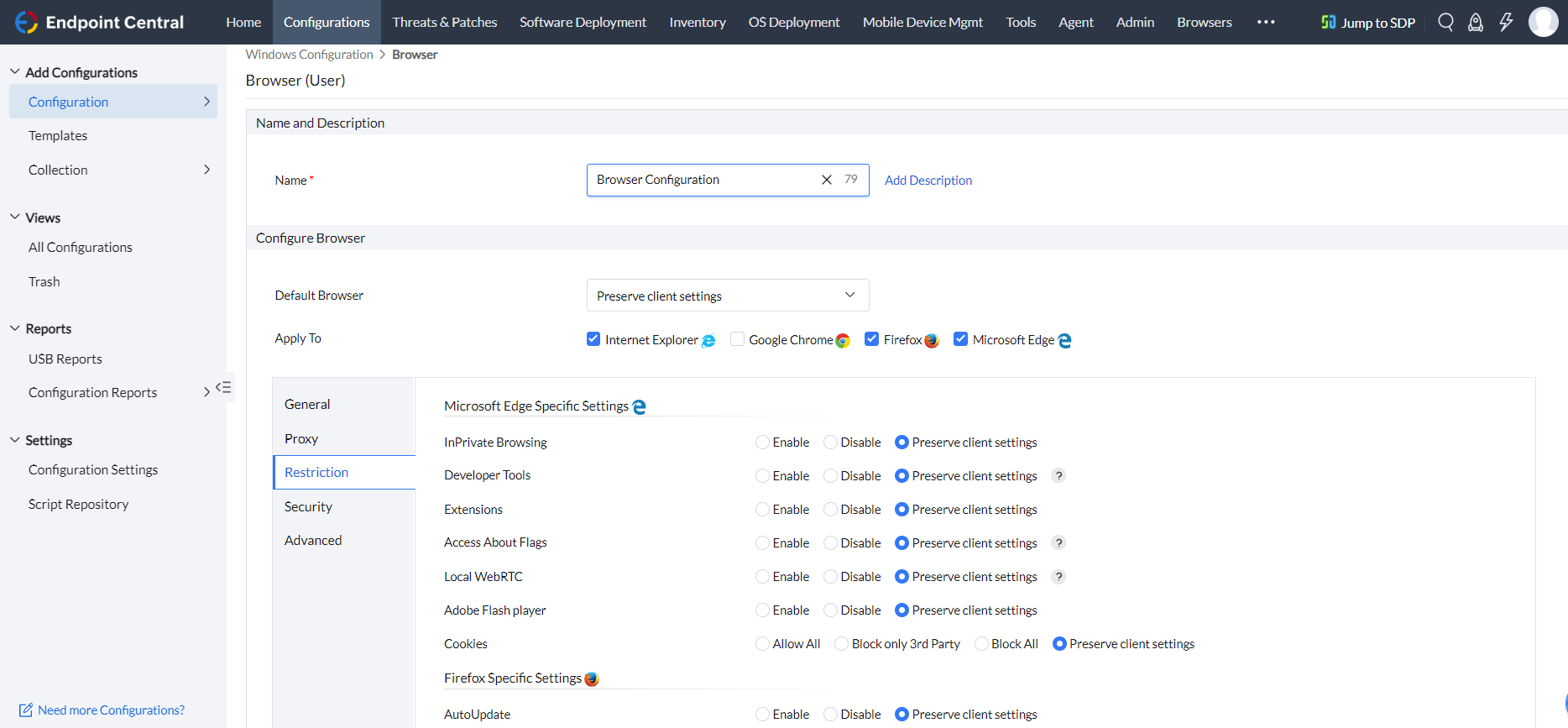 Browser configuration