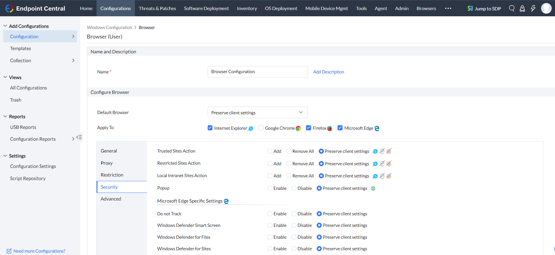 Configure Browser Settings User Configuration Manageengine Desktop Central